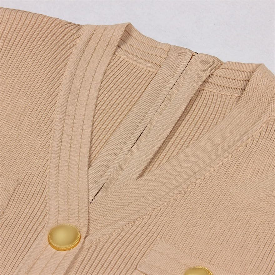 Women Knit Elastic Short Sleeve Solid Gold Buttons Slim Commuter Dress V-Neck Pencil Dresses3