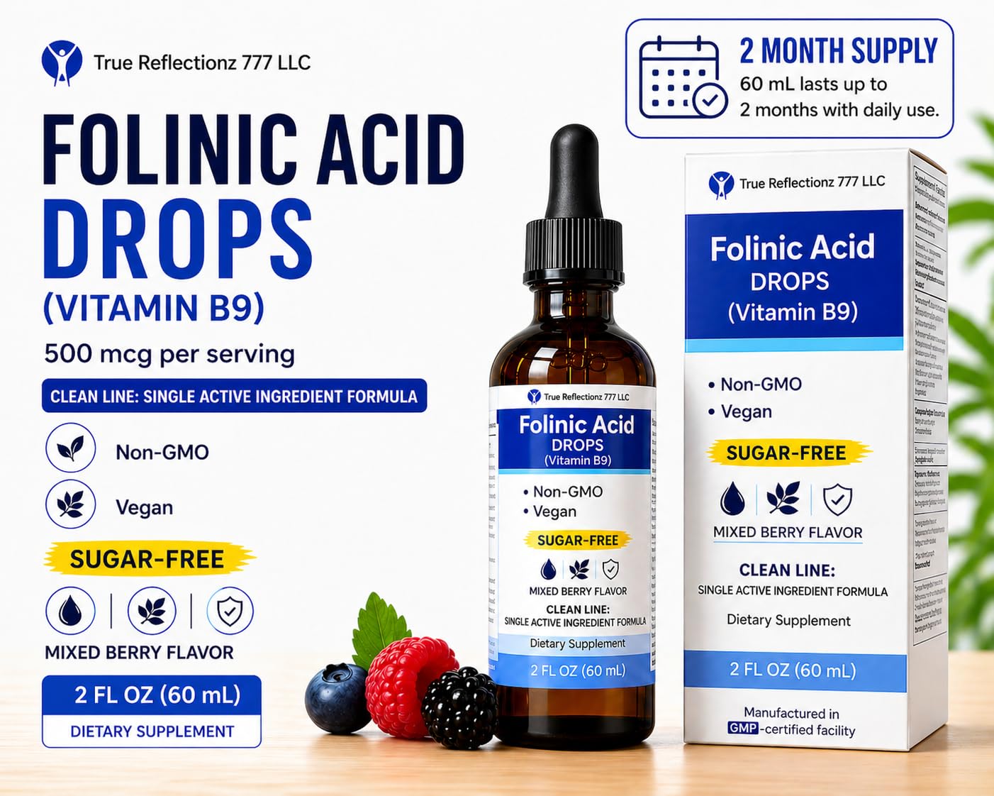 Folinic Acid Drops Kids & Adults - 500mcg Vitamin B9 Liquid Kids 60 mL | Methylation Support Supplement | Bioavailable Folate | Sugar Free, Non-GMO, Vegan | Gentle Methylation — Amazon image 2