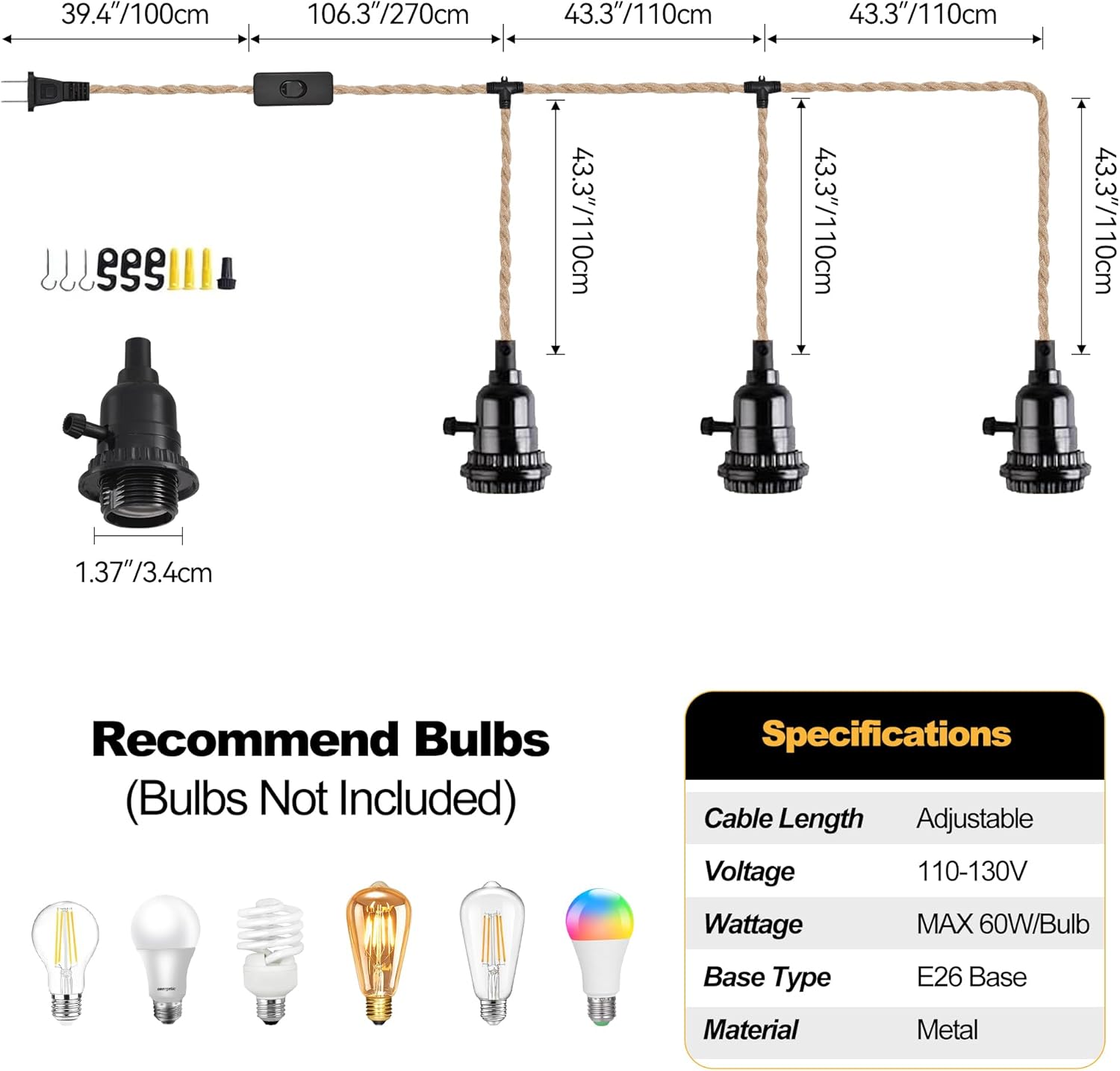 3 Light Hemp Rope Plug in Pendant Light Rattan Hanging Lights with Plug in Cord with Woven Lamp Shade, Plug in Cord Hemp Rope Hanging Lamp