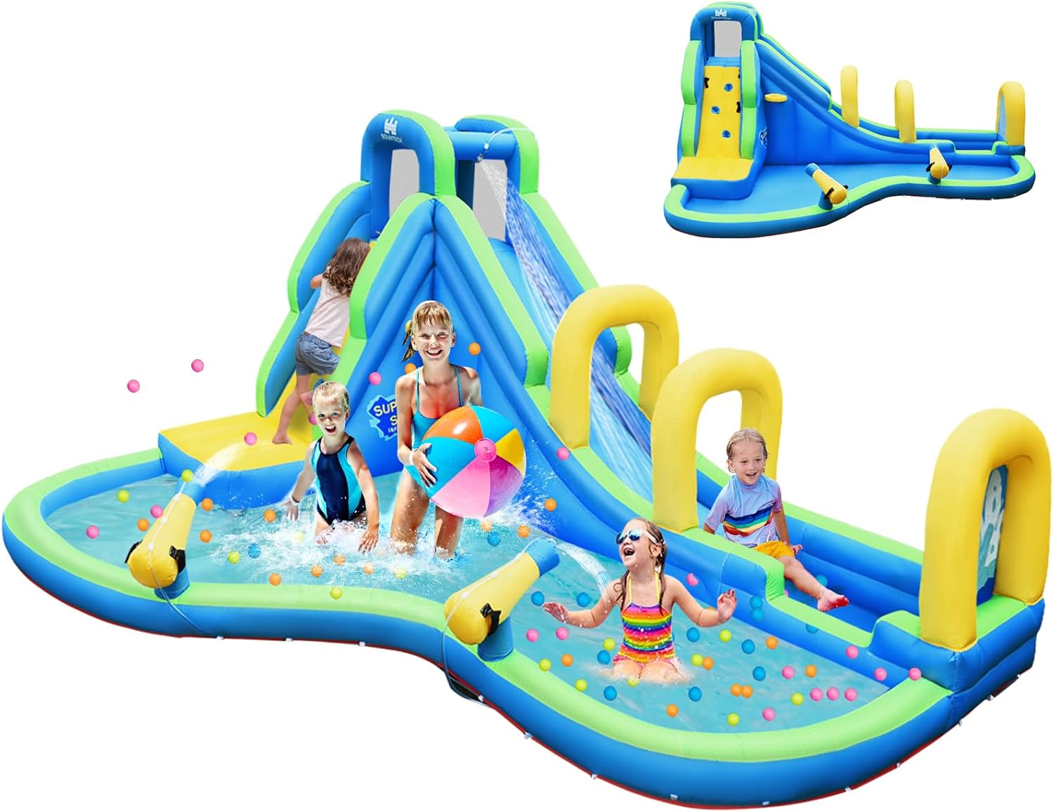 HONEY JOY Inflatable Water Slide, 5 in 1 Water Park Castle Bouncy House w/Water Cannons, Long Slide w/Arch, Indoor Outdoor Blow Up Waterslide Inflatables for Kids and Adults Backyard(Without Blower)