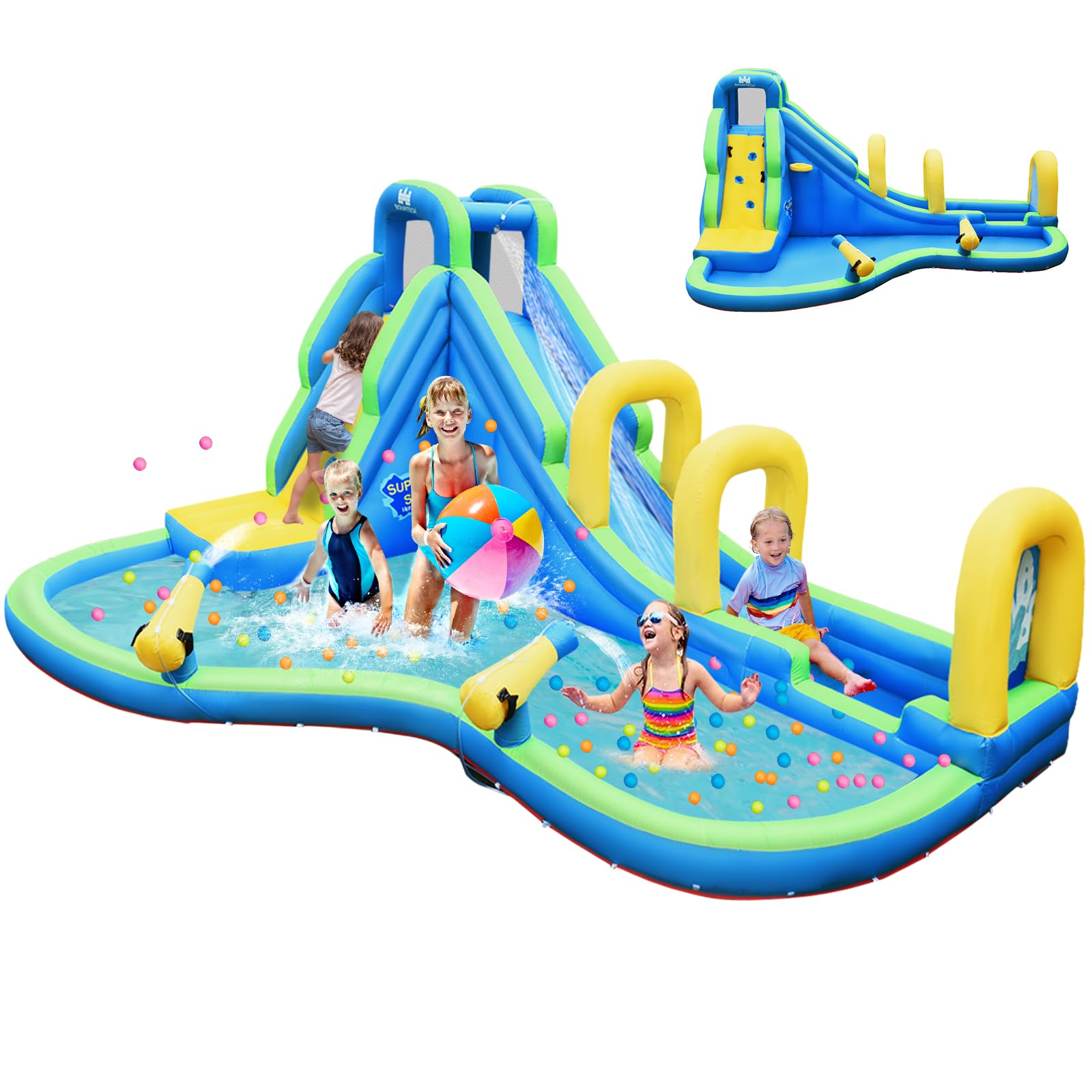 HONEY JOY Inflatable Water Slide, 5 in 1 Water Park Castle Bouncy House w/Water Cannons, Long Slide w/Arch, Indoor Outdoor Blow Up Waterslide