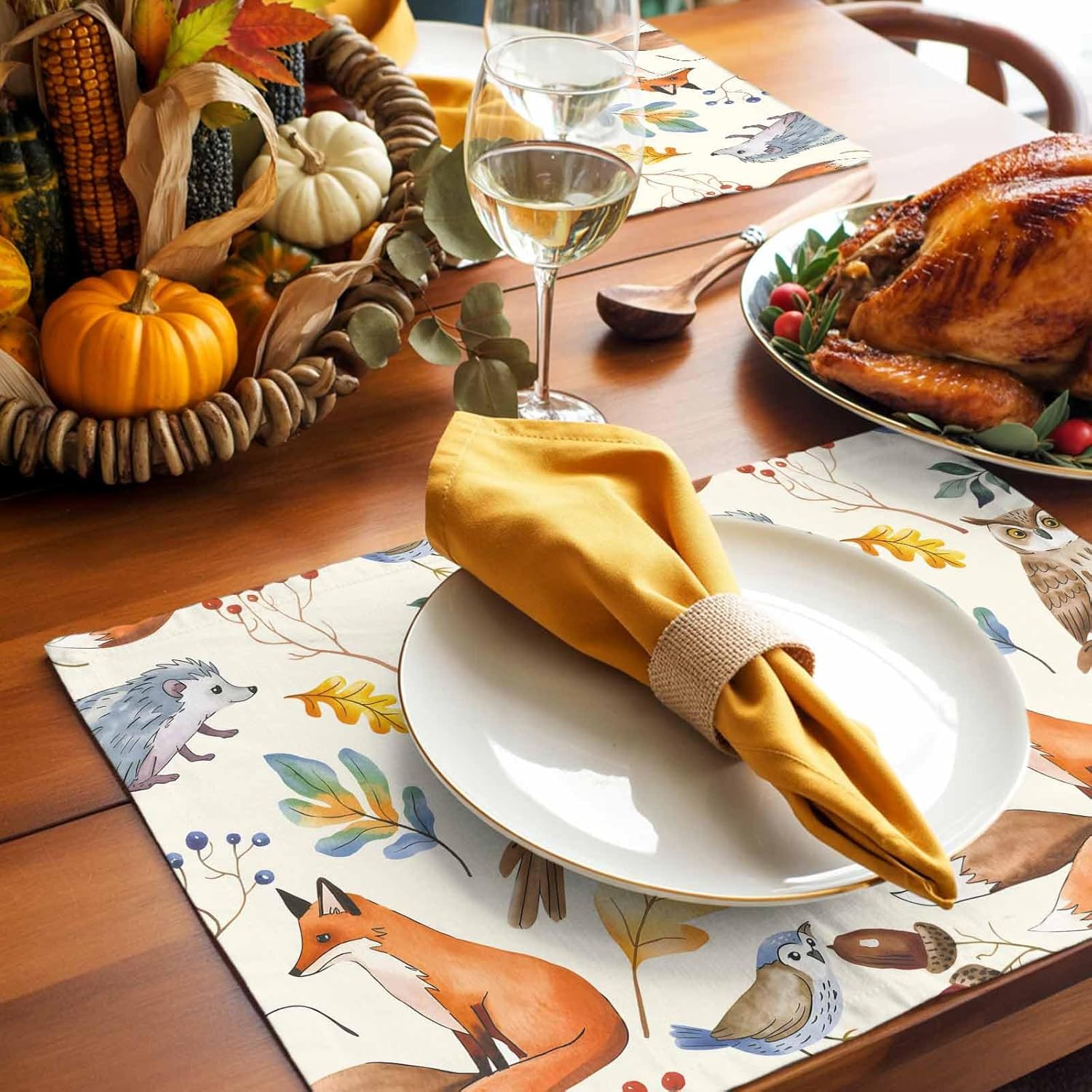 Fall Placemats for Dining Table Set of 6, Autumn Animal Place Mats Owl Bird Fox Leaves Thanksgiving Placemat Washable Harvest Autumn Table Mats for Kitchen Table Holiday Dinner Party Home Decor