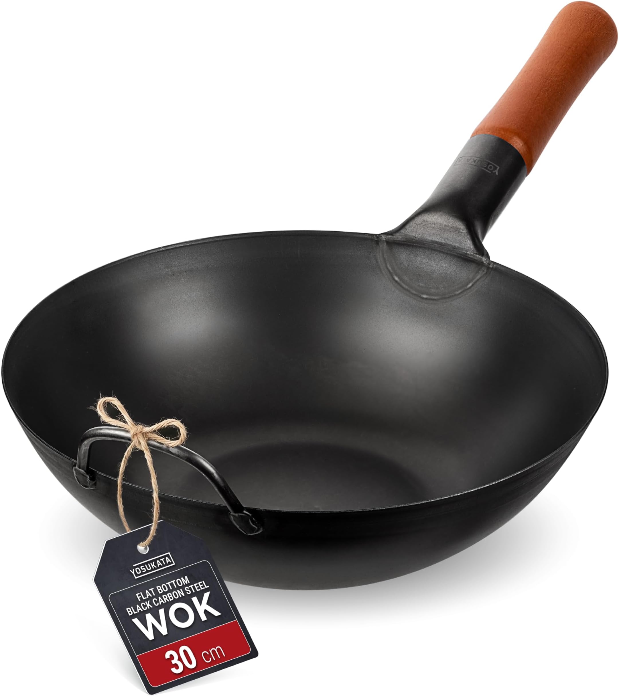 YOSUKATA Carbon Steel Woks and Stir Fry Pans 30 cm - Traditional Chinese Japanese Wok with Flat Bottom - Compatible with Induction, Electric, Ceramic, Gas cooktops, and Open Flame, BBQ, Grill