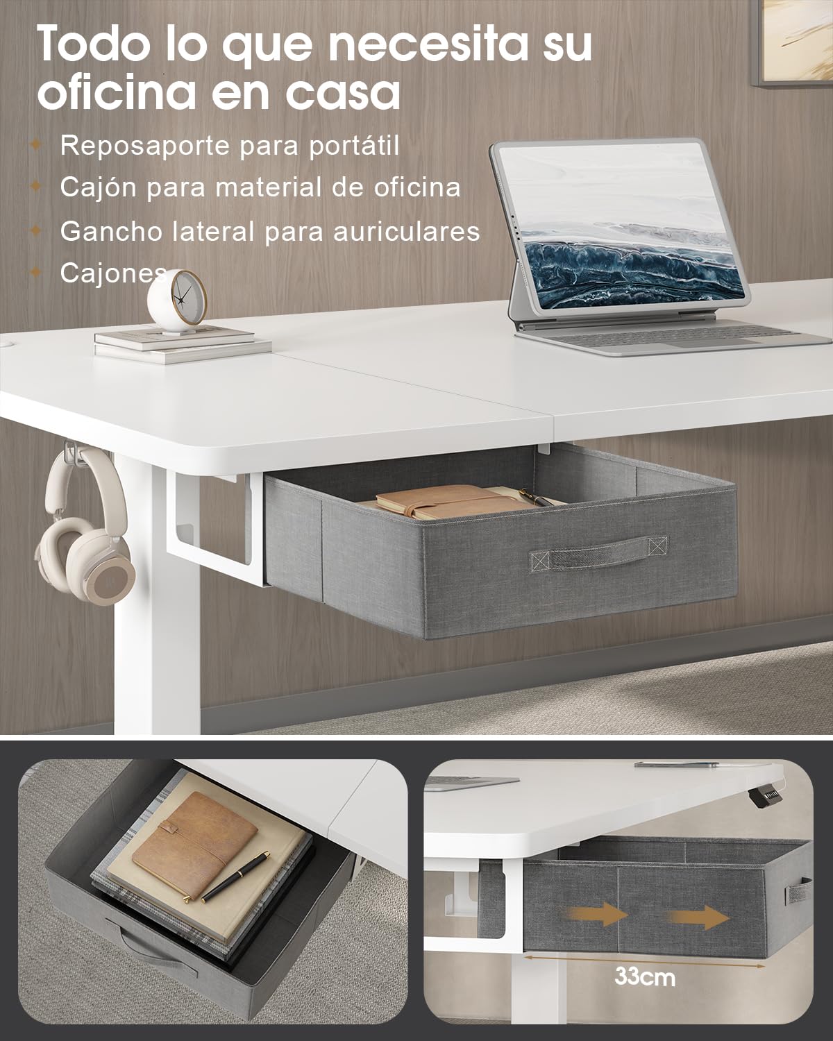 Devoko 160x80cm Escritorio Elevable Eléctrico con Cajones, Escritorio Regulable en Altura de Carga USB-A, Mesa Escritorio Elevable de Gestión de Cables y de Recordatorio de Postura Sentada,Blanco