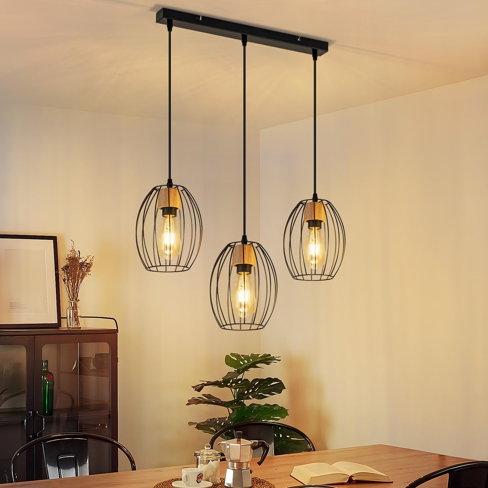 Kowanie Hängelampe Vintage Pendelleuchte Esstisch - 3 flammig Esstischlampe Hängend Schwarz Hängeleuchte Metall & Holz E27 Retro Pendellampe für Wohnzimmer Schlafzimmer Küche (Ohne Leuchtmittel)