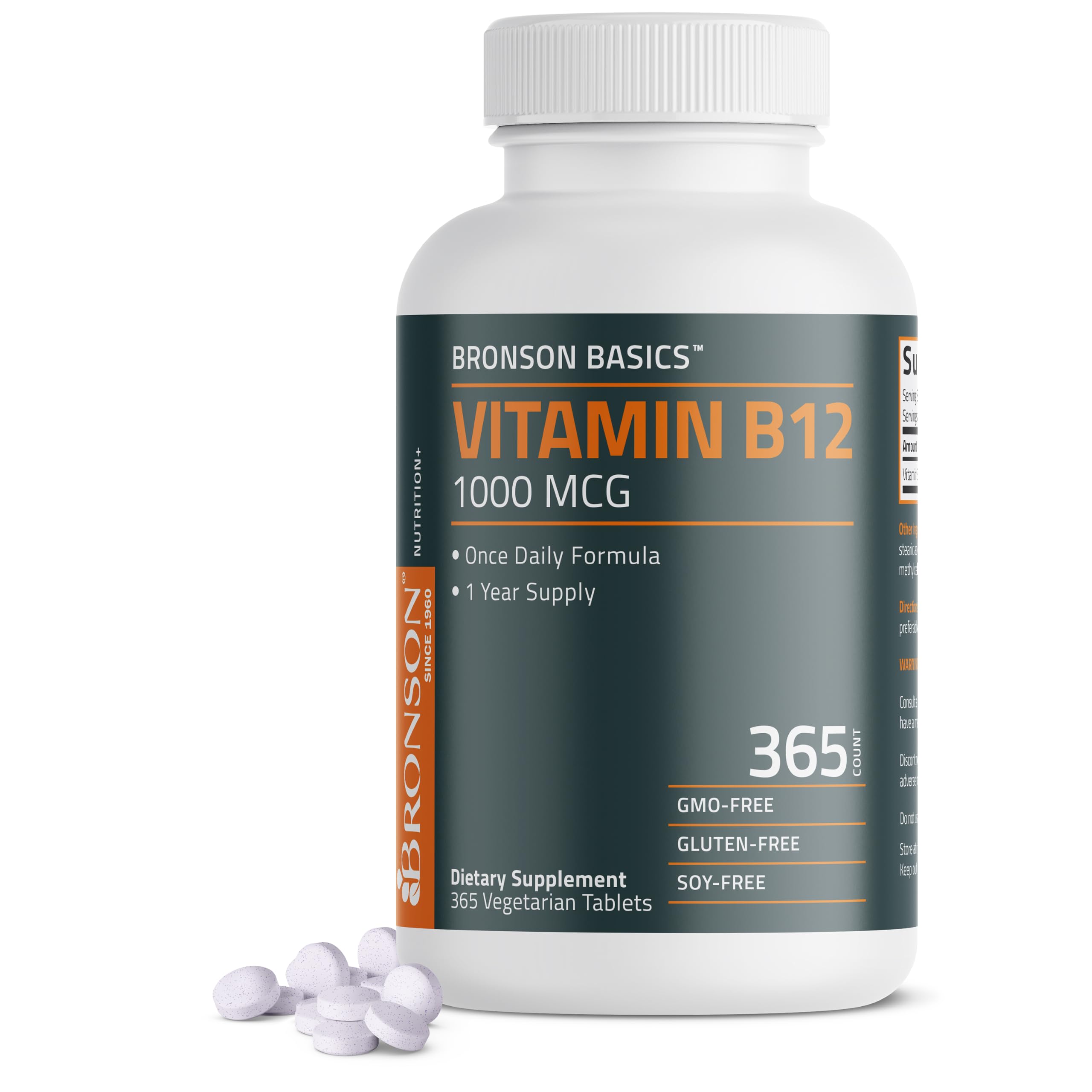 Bronson Vitamin B12 1000 mcg, Once Daily Formula, 365 Vegetarian Tablets 365 Count (Pack of 1)