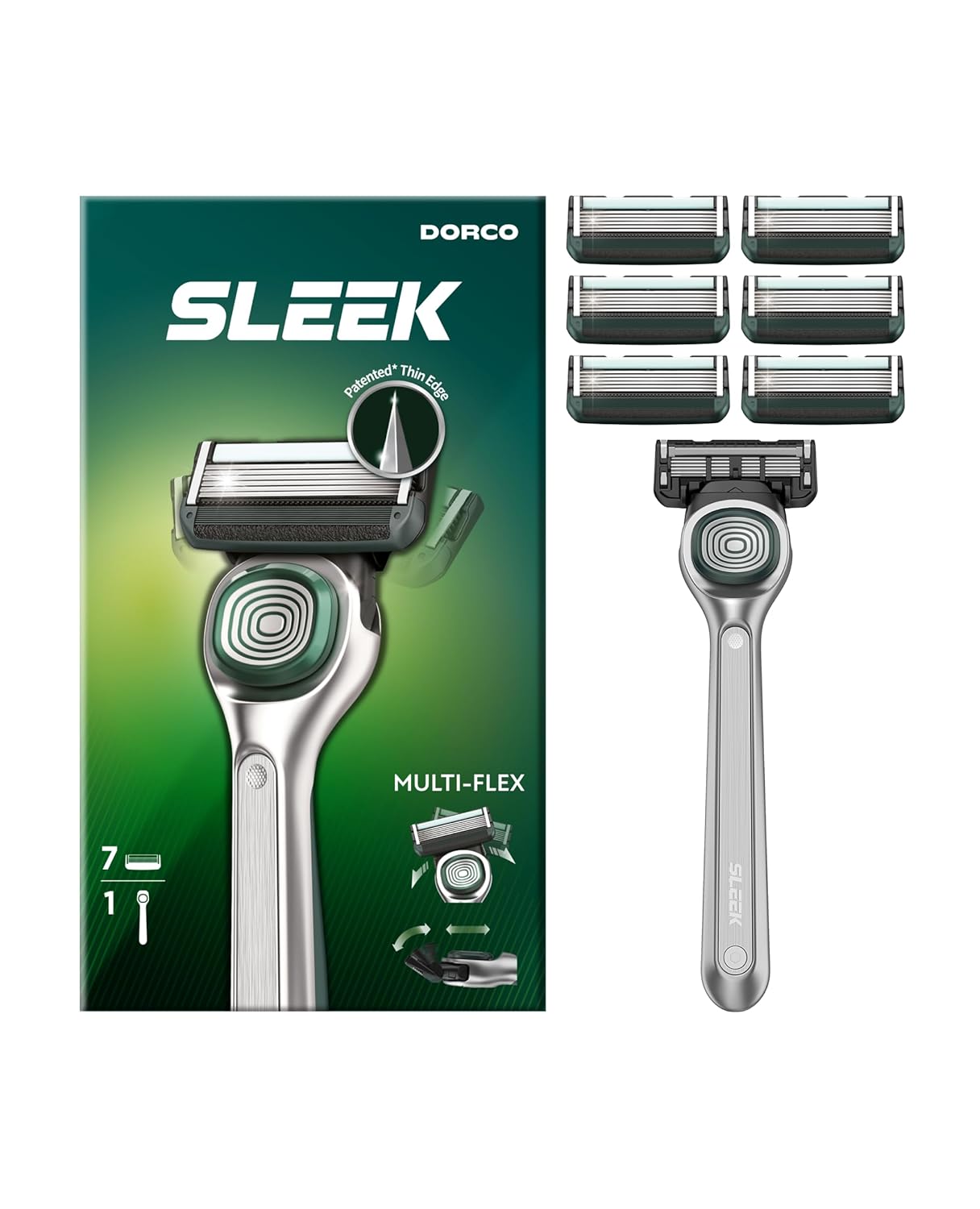 DORCO SLEEK 6 Blade Razor for Men with 7 Cartridges | Men's Cartridge Razors with Razor Handle and Smooth Shaving Blades | Men’s Razors with Multi-Flex Technology