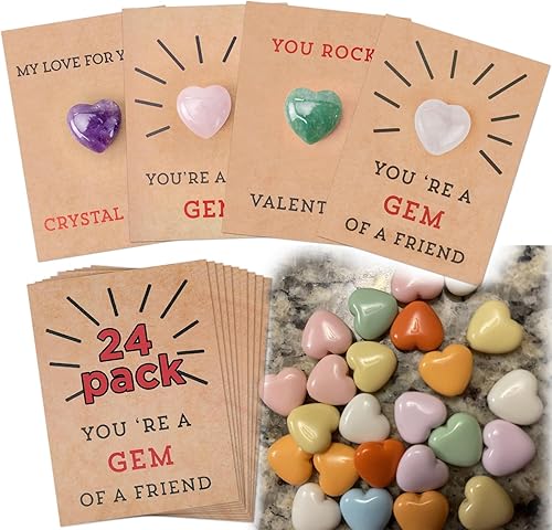 Paquete de 24 tarjetas de San Valentín con cristales en forma de corazón, piedras preciosas de San Valentín, regalos divertidos para niños y niñas,