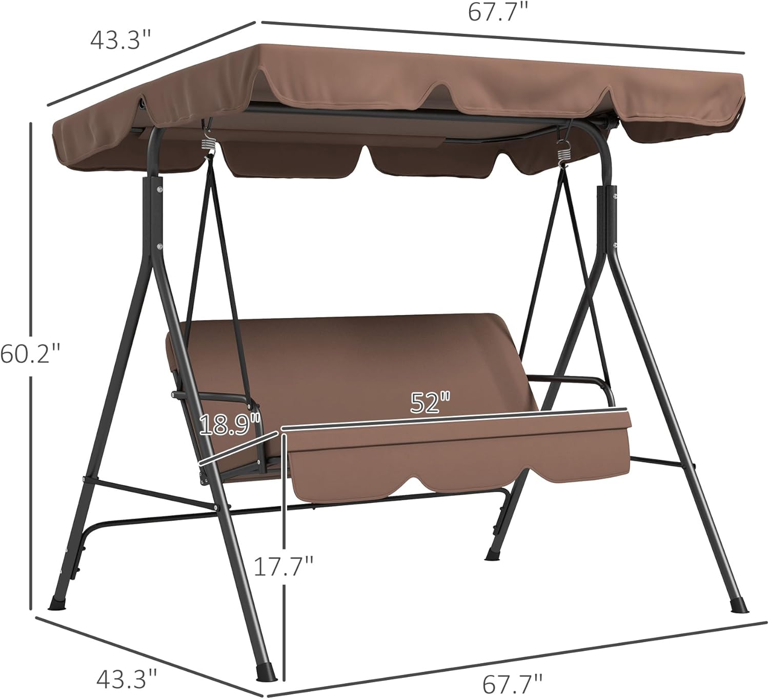 Outsunny 3-Seat Outdoor Patio Swing Chair with Removable Cushion, Steel Frame Stand and Adjustable Tilt Canopy for Patio, Garden, Poolside, Balcony, Backyard, Brown