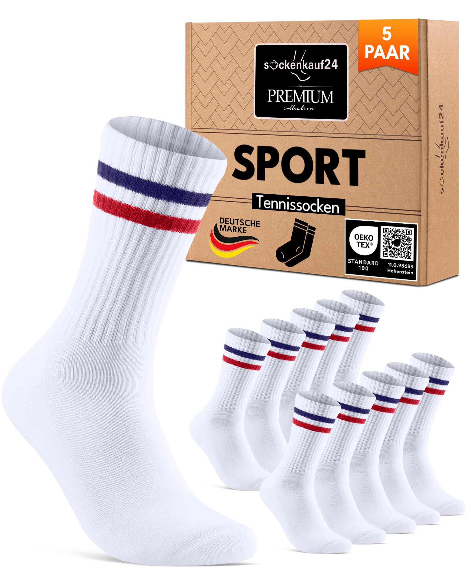 Sockenkauf24 Unisex White - Stripes Red/Blue Men's Women's Sports Socks Crew Tennis Socks Padded Breathable Cotton 5 Pairs Premium Retro Socks With Stripes, 39-42