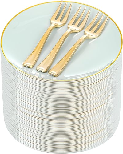 Miniatura 9 de Festiva 200 platos dorados de postre de 6.3 pulgadas con tenedores de 5 pulgadas, platos pequeños desechables para postre, pasteles, aperitivos, Oro