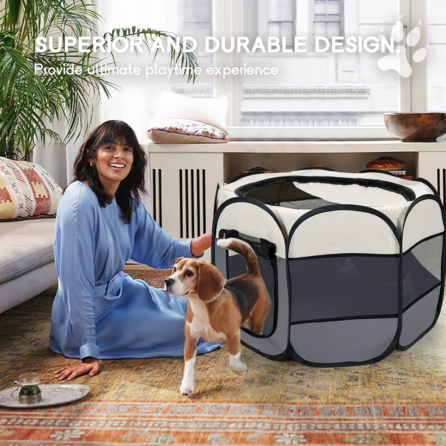 Welpenauslauf Hundebox Faltbar Wasserdicht Tierlaufstall Abnehmbar Transportbox Freigehege für Katze Kaninchen Haustier mit Tragbar Handtasche,Hund Laufgitter für Camping Reisen (L(110 * 110 * 60cm))
