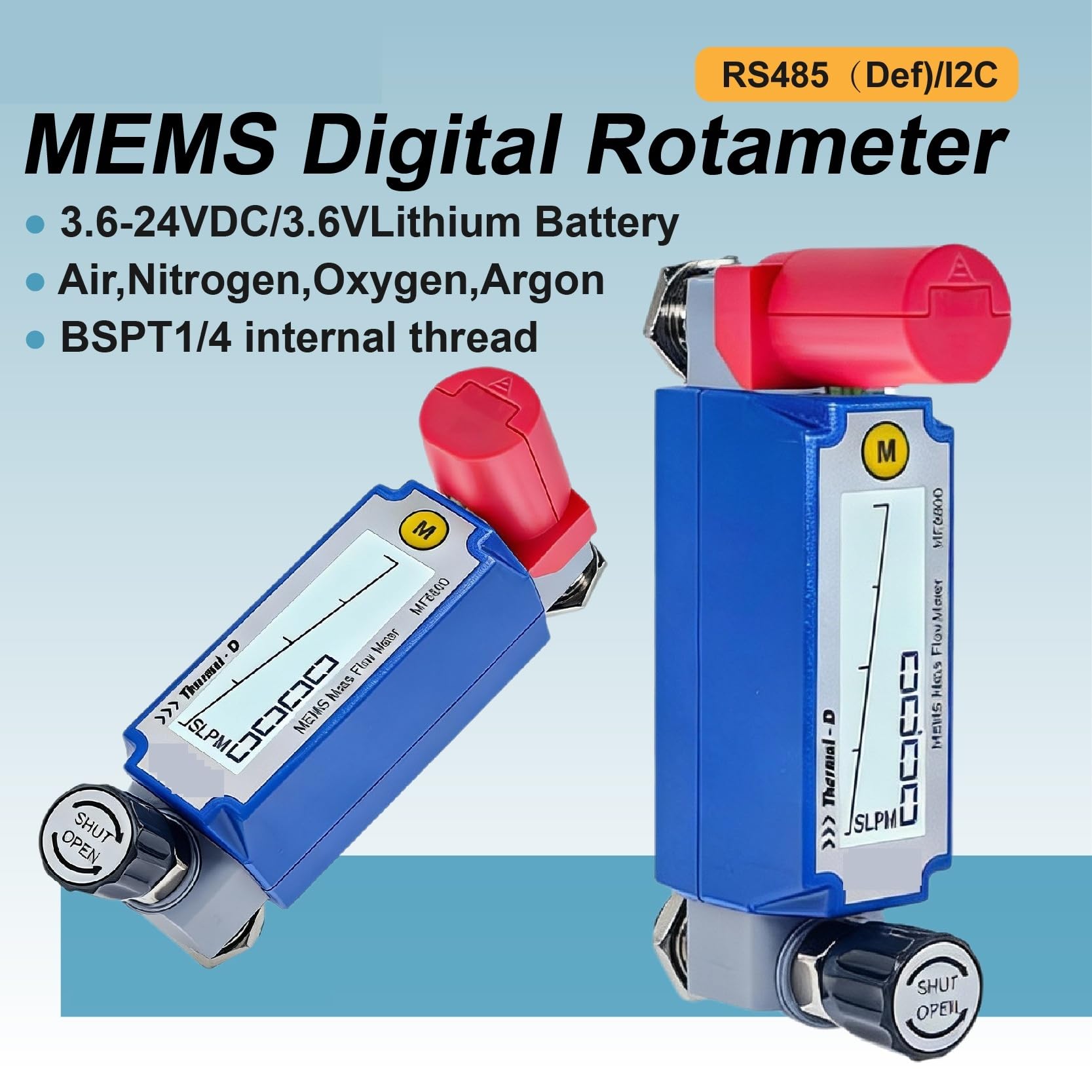 Przepływomierz, MF6600 Zasilany bateryjnie termiczny przepływomierz masowy 0-70 l/min Wyświetlacz LCD 1/4 BSPT Gwint wewnętrzny RS485(Battery-R2-1-B-A)