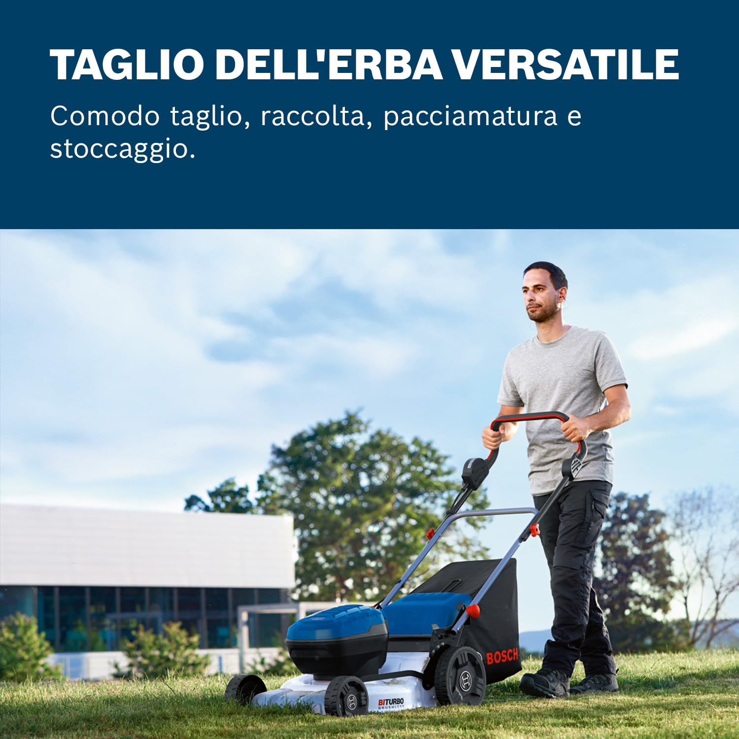 Bosch Professional 18V System Tagliaerba/Tosaerba a batteria GRA 18V2-46 (larghezza di taglio: 46 cm, 6 regolazioni altezza taglio, sacco raccoglierba tessuto 60 l, 2 chiavi di isolamento)