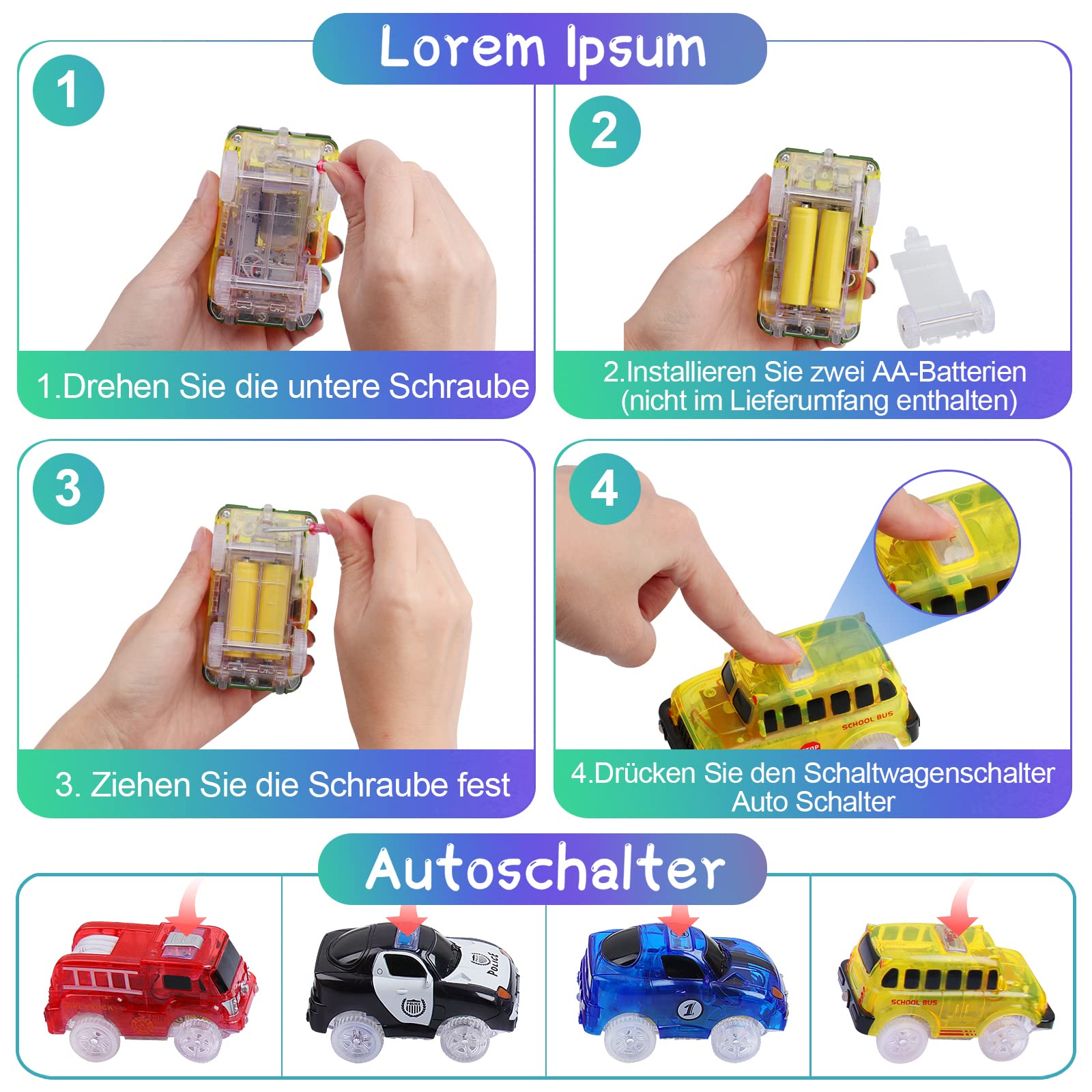 sikkeby Tracks Cars, 4 Pack Circuit Voiture Enfant avec 5 flashs LED, Rail Voiture Jouet Brille dans l'obscurité, Compatible avec la Plupart des Pistes pour Enfants, garçons et Filles