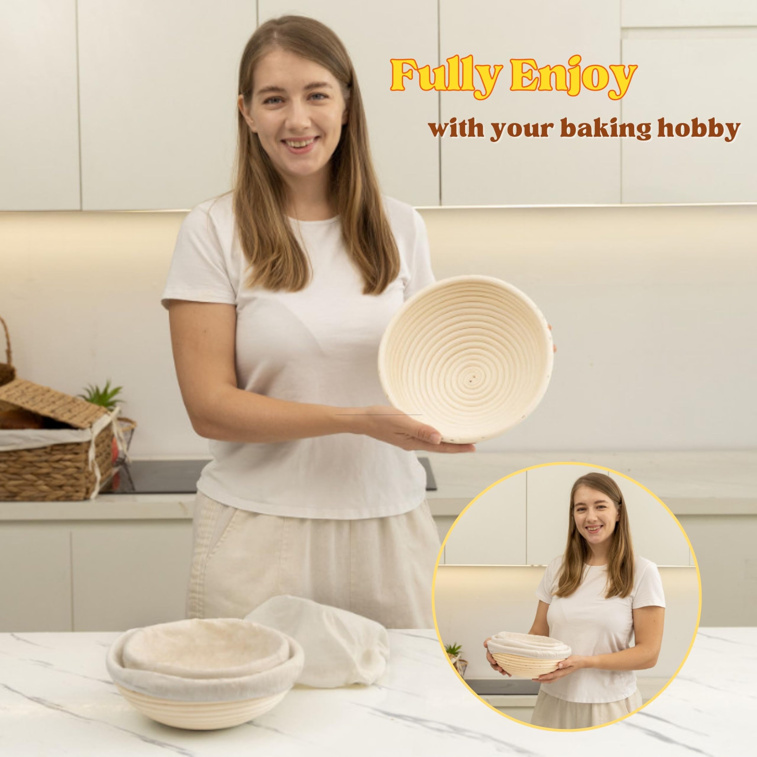 Banneton kosz do pieczenia chleba, zestaw 3 rozmiarów, zestaw startowy na zakwasie, artykuły do pieczenia chleba, narzędzia do produkcji chleba (okrągły rozmiar 3 - 20 cm, 23 cm, 25 cm)