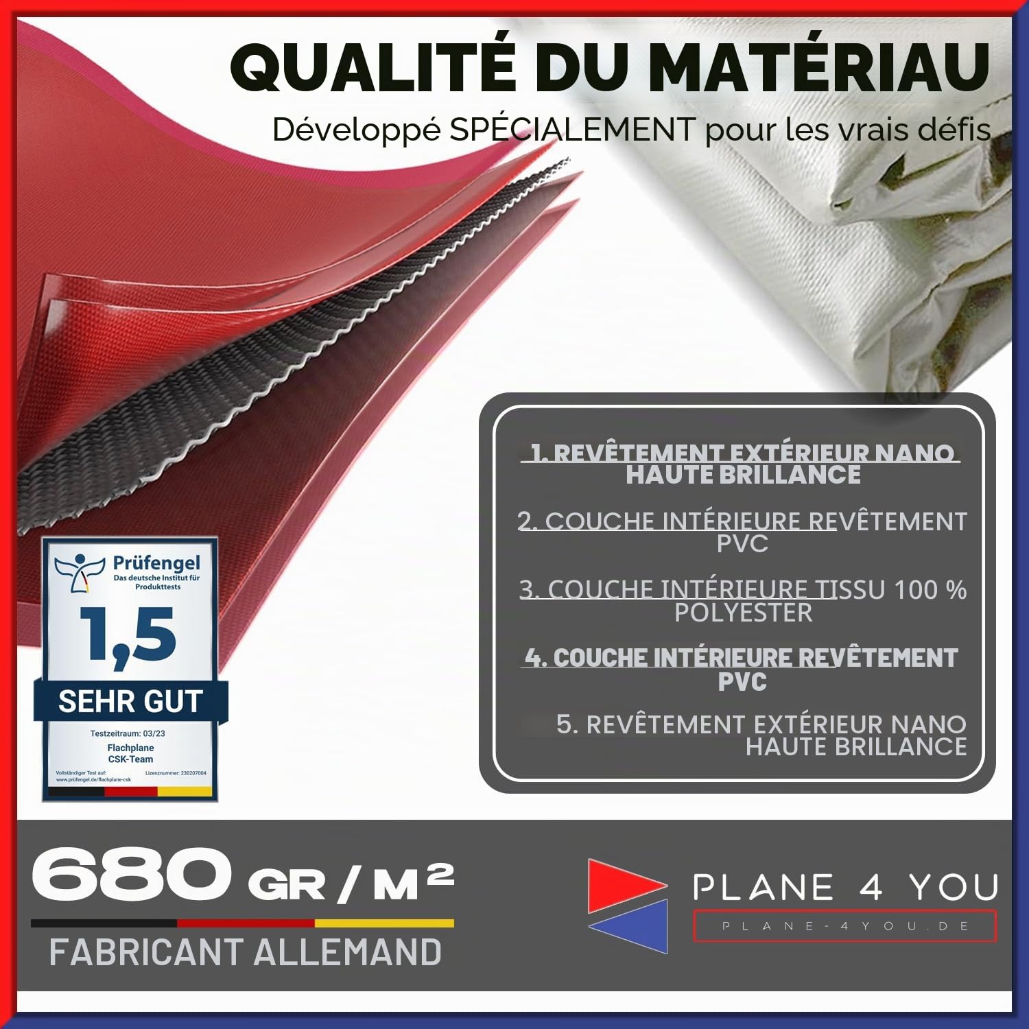 Bâche pour remorque - 311 x 160 cm - Imperméable - Tarp universel pour remorques - 680 g/m²