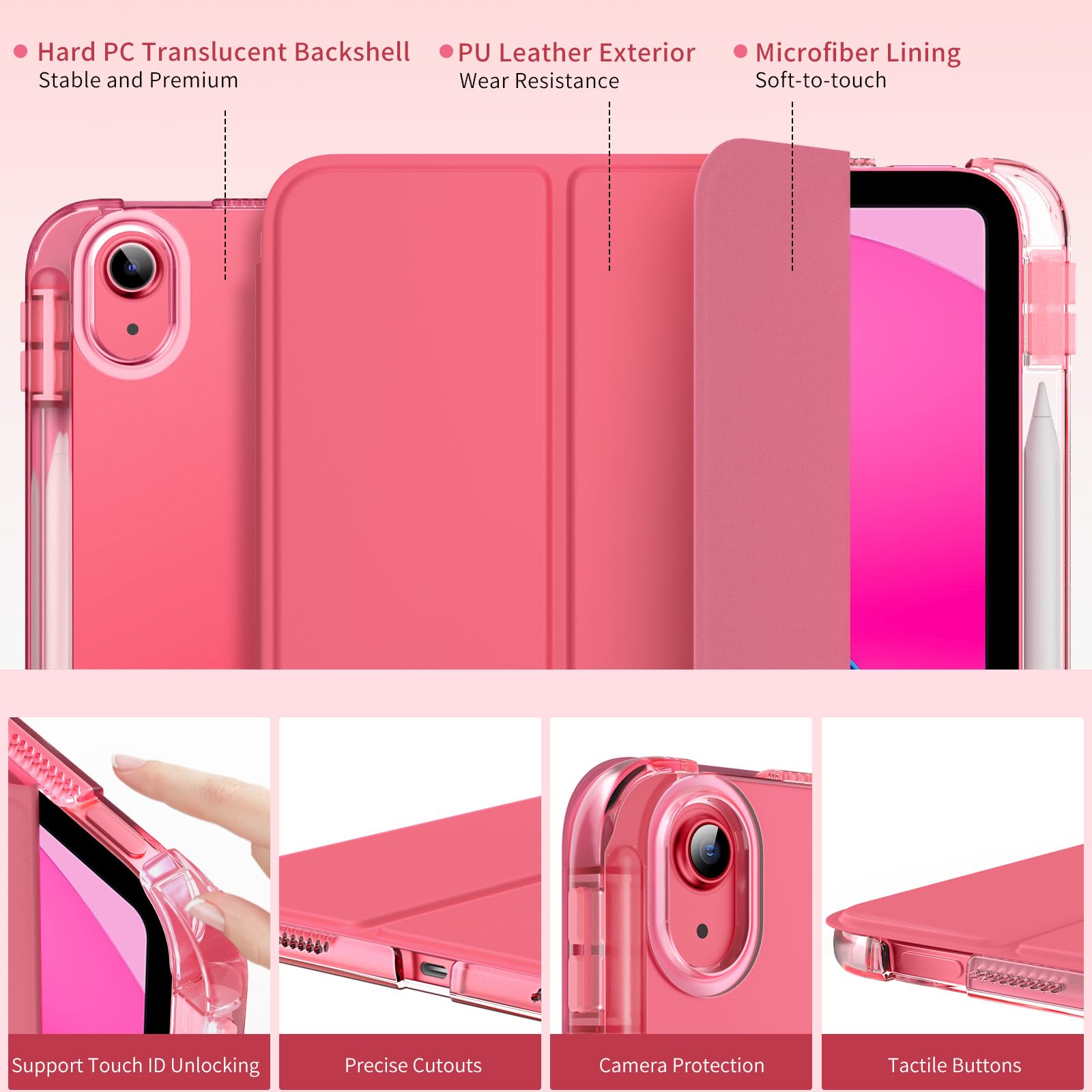 MoKo Custodia per iPad 11 Pollici (A16) 11a Generazione, iPad 10a Gen 10,9" 2022 con Portapenna, Trifold Sottile, Anguria Rosa