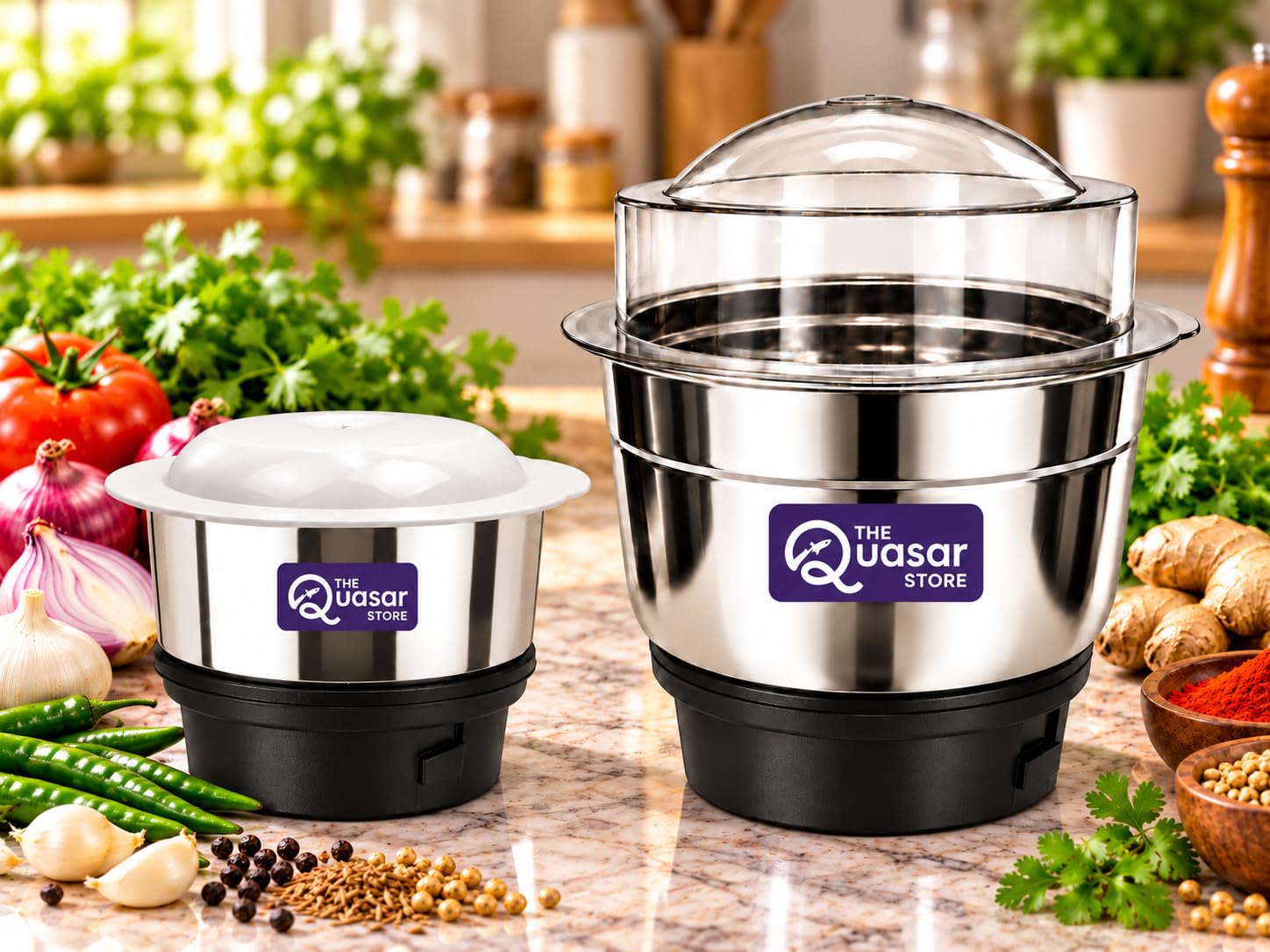 Combo Chutney Jar, Mixer Jar (180 Ml 400 Ml) Suitable For All Local & Branded Mixer Which Comes With 2 Lock & 4 Teeth Coupler - Silver