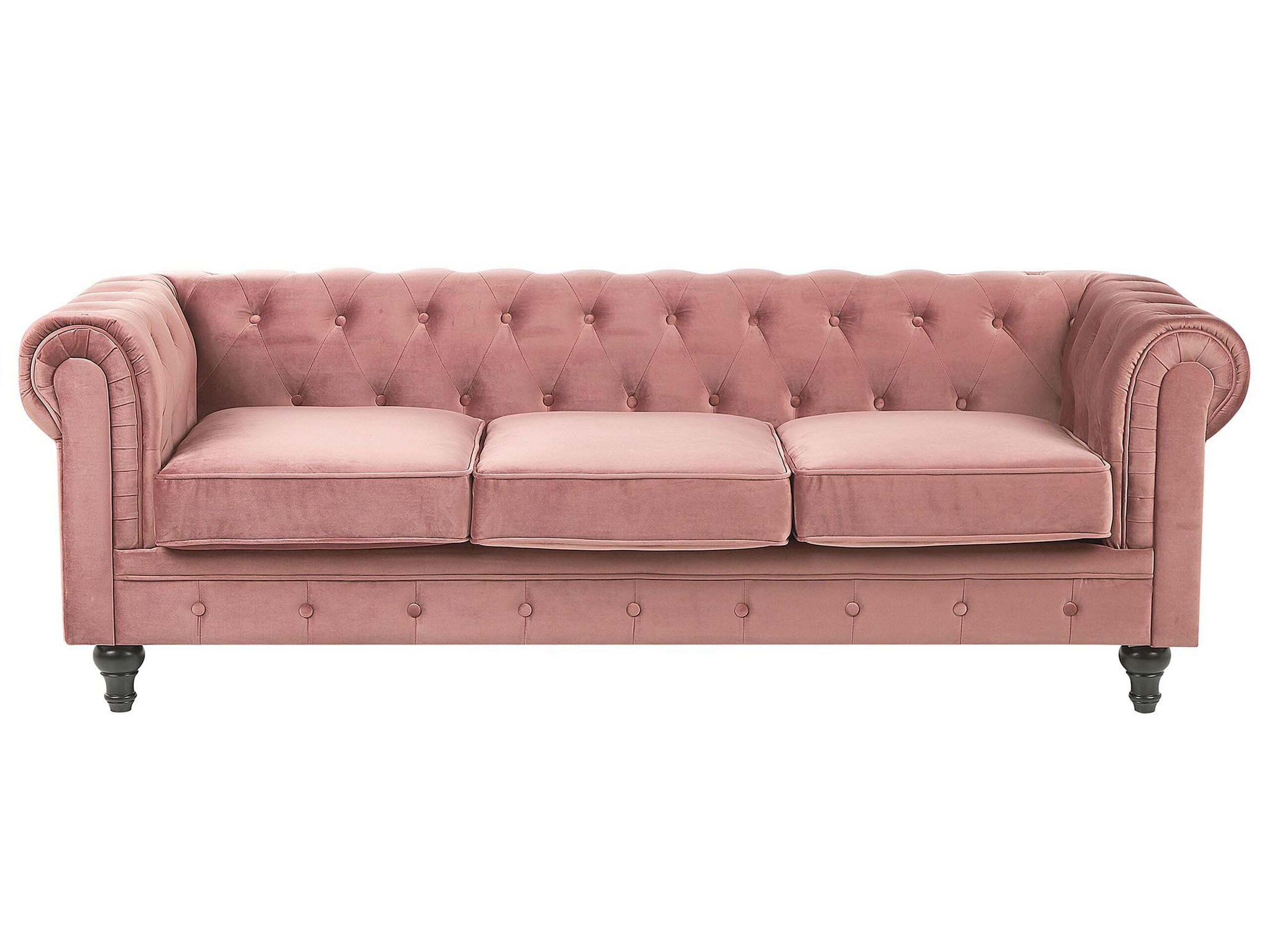 Sofá 3 plazas Chesterfield tapizado en tela de terciopelo rosa patas de madera oscura estilo contemporáneo Chesterfield