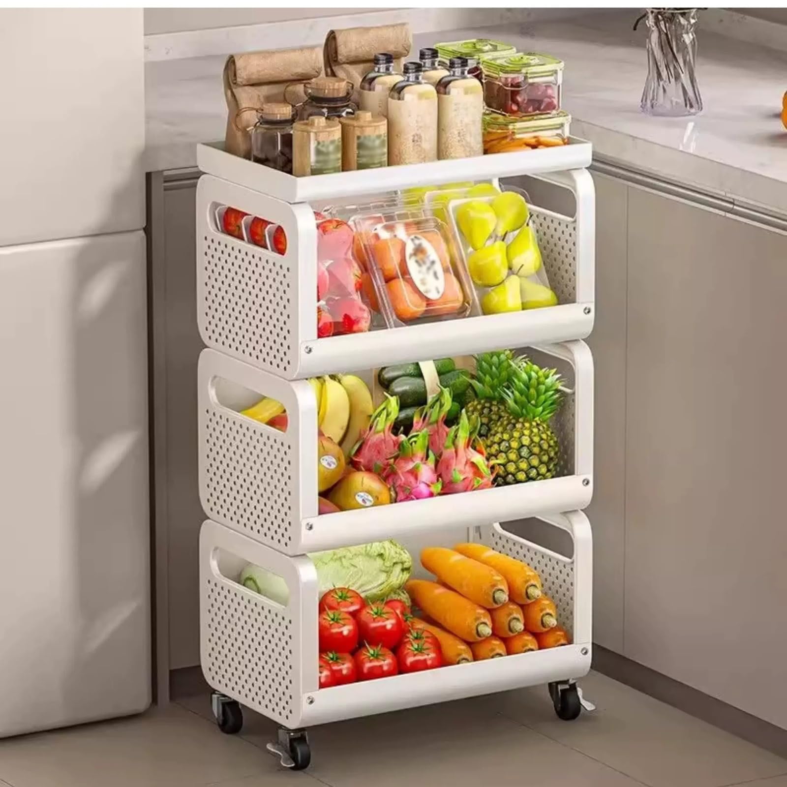 Magazzinaggio Carrello portaoggetti mobile da cucina a 3 livelli, ripiano organizer for cestini for frutta e verdura(Bianco)