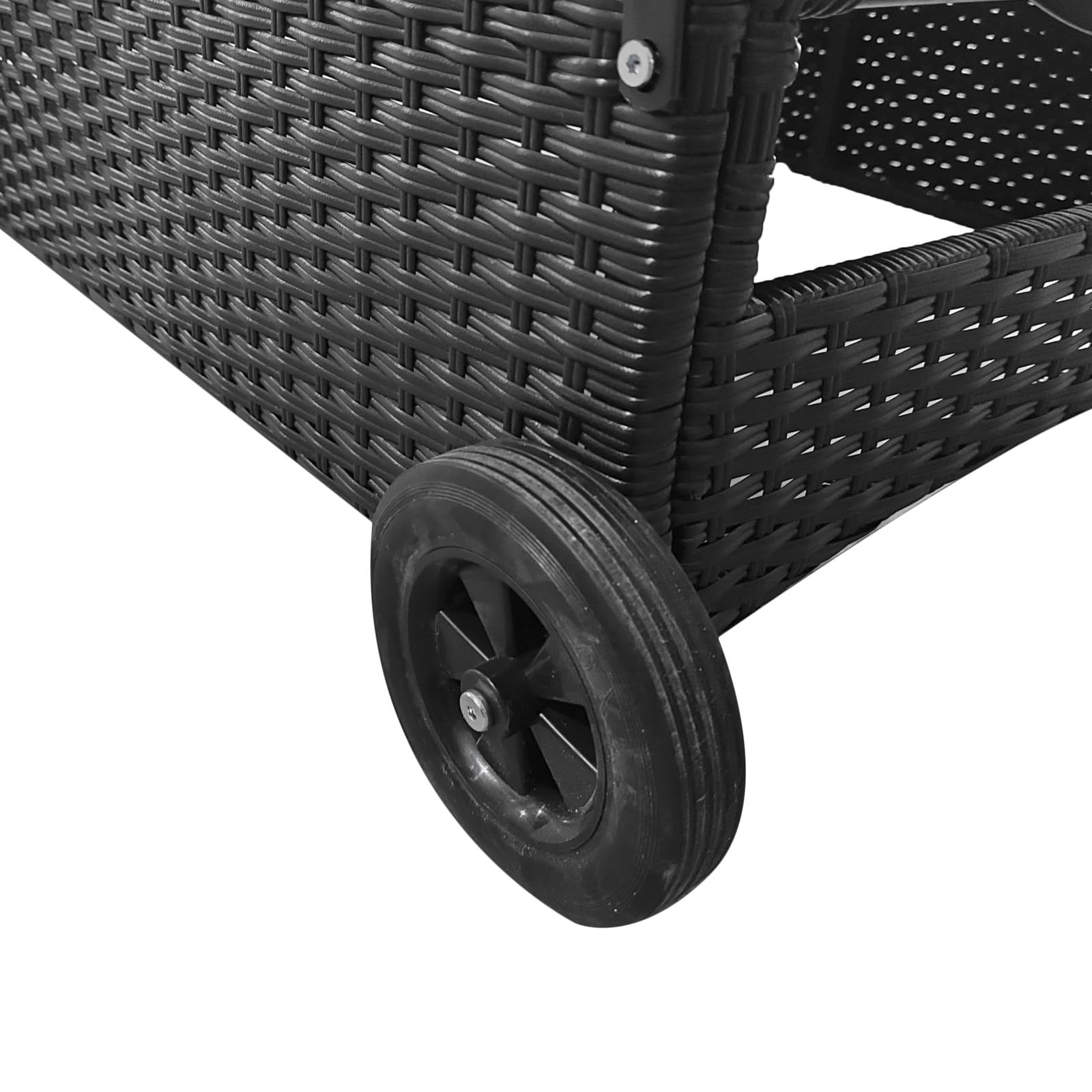 Leżak ogrodowy, leżak rattanowy z miejscem do przechowywania, odchylane oparcie, mobilny leżak z poduszkami, polirattan, metal, 200 x 75 x 30-92 cm (czarny/szary)