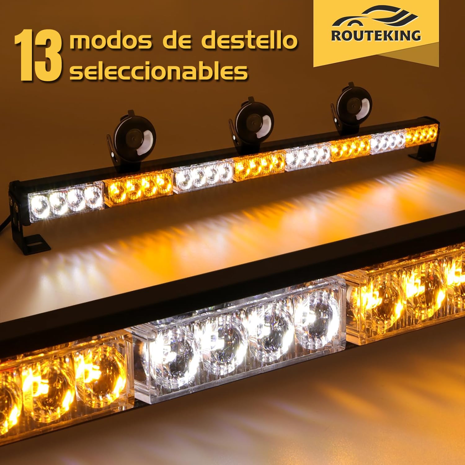 Barra LED de Emergencia Estroboscópica 12V, 35,5 Pulgadas con 32 LEDs, 13 Modos Flash, Luz de Advertencia IP65 para Coche, Camión y Vehículo de Asistencia en Carretera Ámbar Blanco