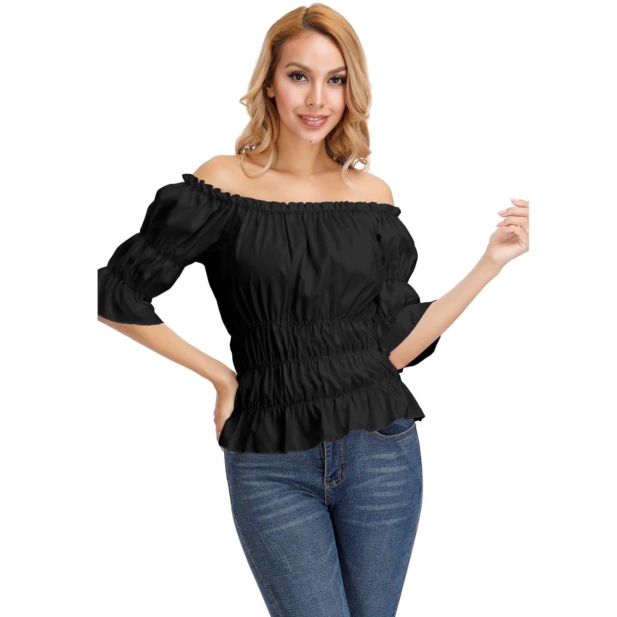 frawirshau Steampunk Pirate Shirt Renaissance Peasant Blouse Off The Shoulder Tops Short Sleeve Smocked Wench Top Lightweight
