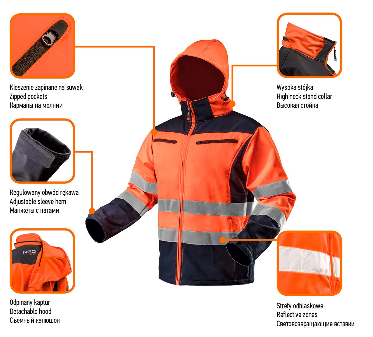 Giacca softshell invernale di sicurezza con strisce catarifrangenti, arancione / giallo fluo, Arancione