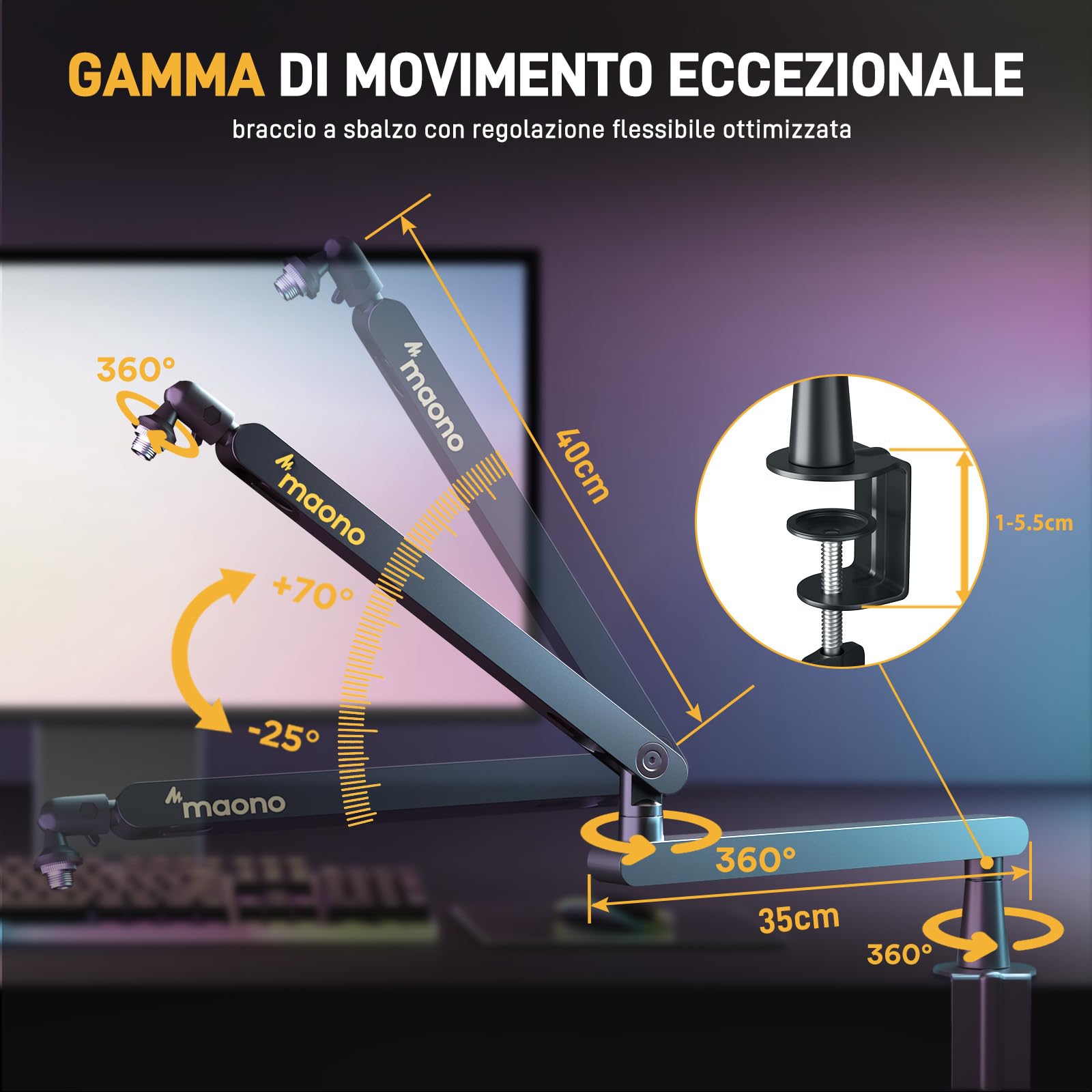 MAONO Bras Microphone - Bras Microphone Low Profile avec Gestion de Câbles, Espace de Travail Épuré, Pince de Bureau, Réglage Précision pour Podcast/Streaming/Gaming/Bureau Domicile - BA92 Noir