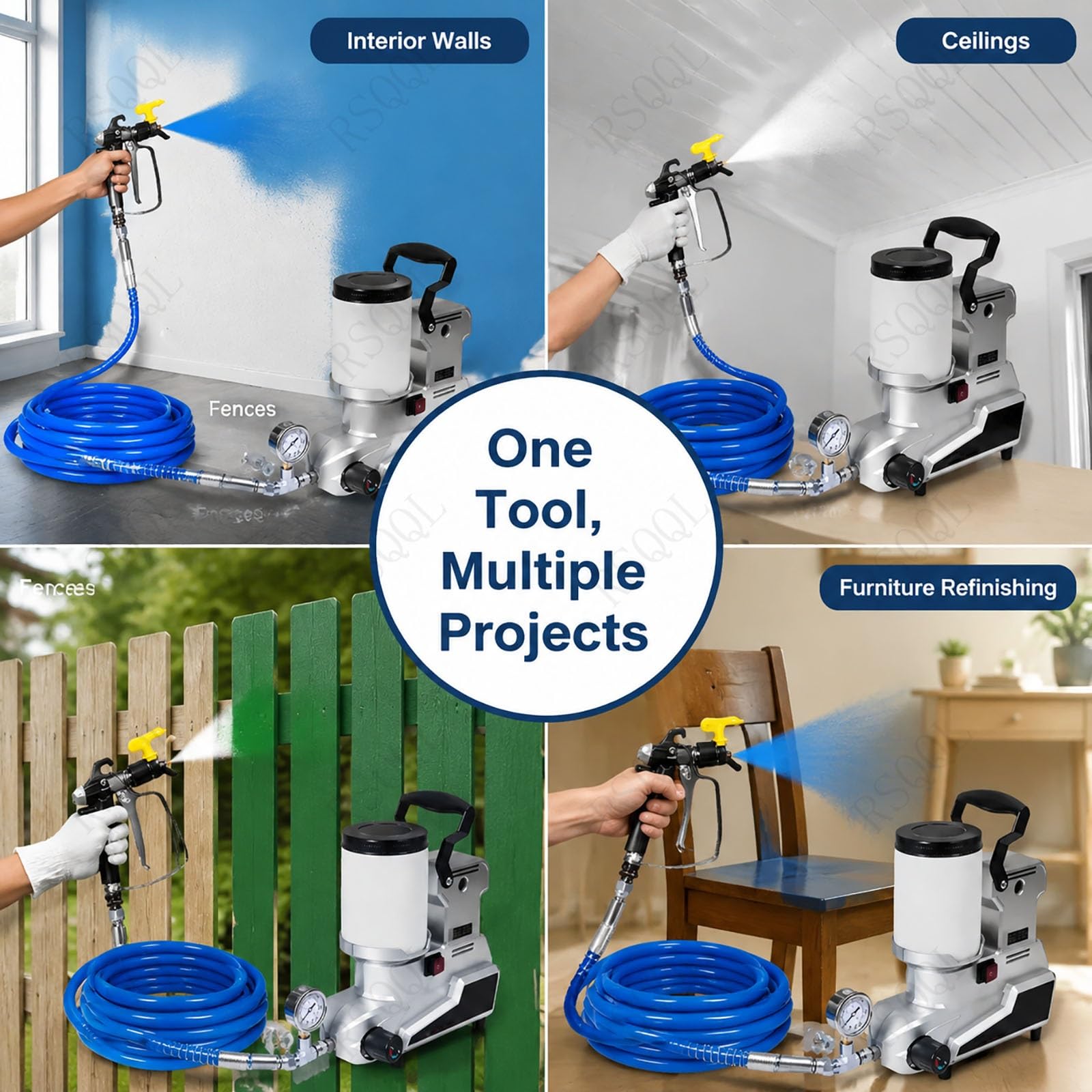 Pulverizador Airless Profesional de 1600 W, 0-850 RPM, con Tanque de 2 L y Manguera de Alta Presión, Caudal de 2500 ml/min, Uso doméstico