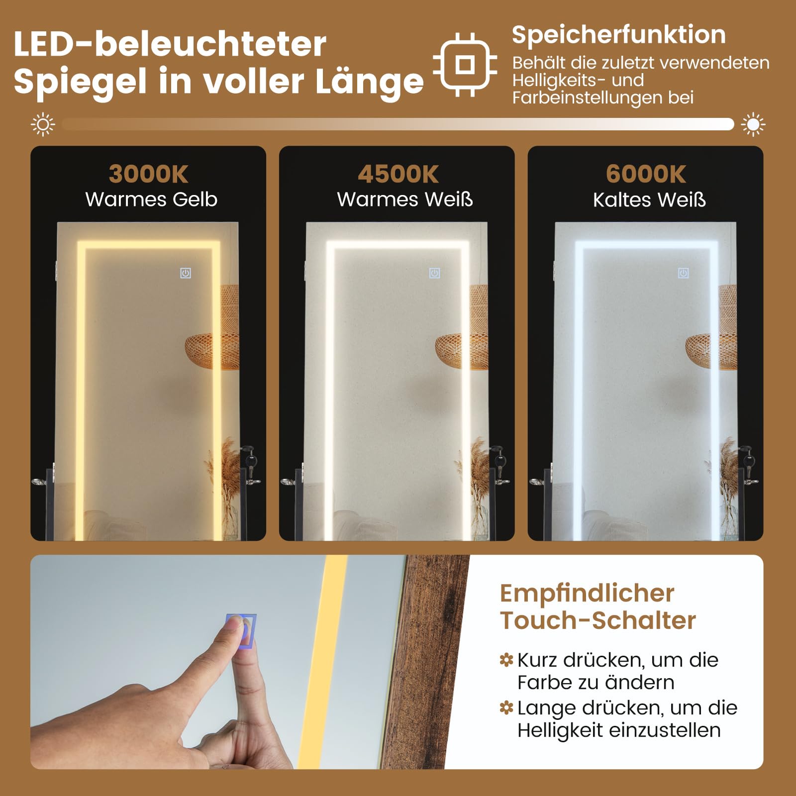 COSTWAY Sieradenkast met led, spiegelkast, 360 graden draaibaar, met frameloze full-body spiegel, afsluitbare sieradenorganizer, sieradenopslag ( bruin