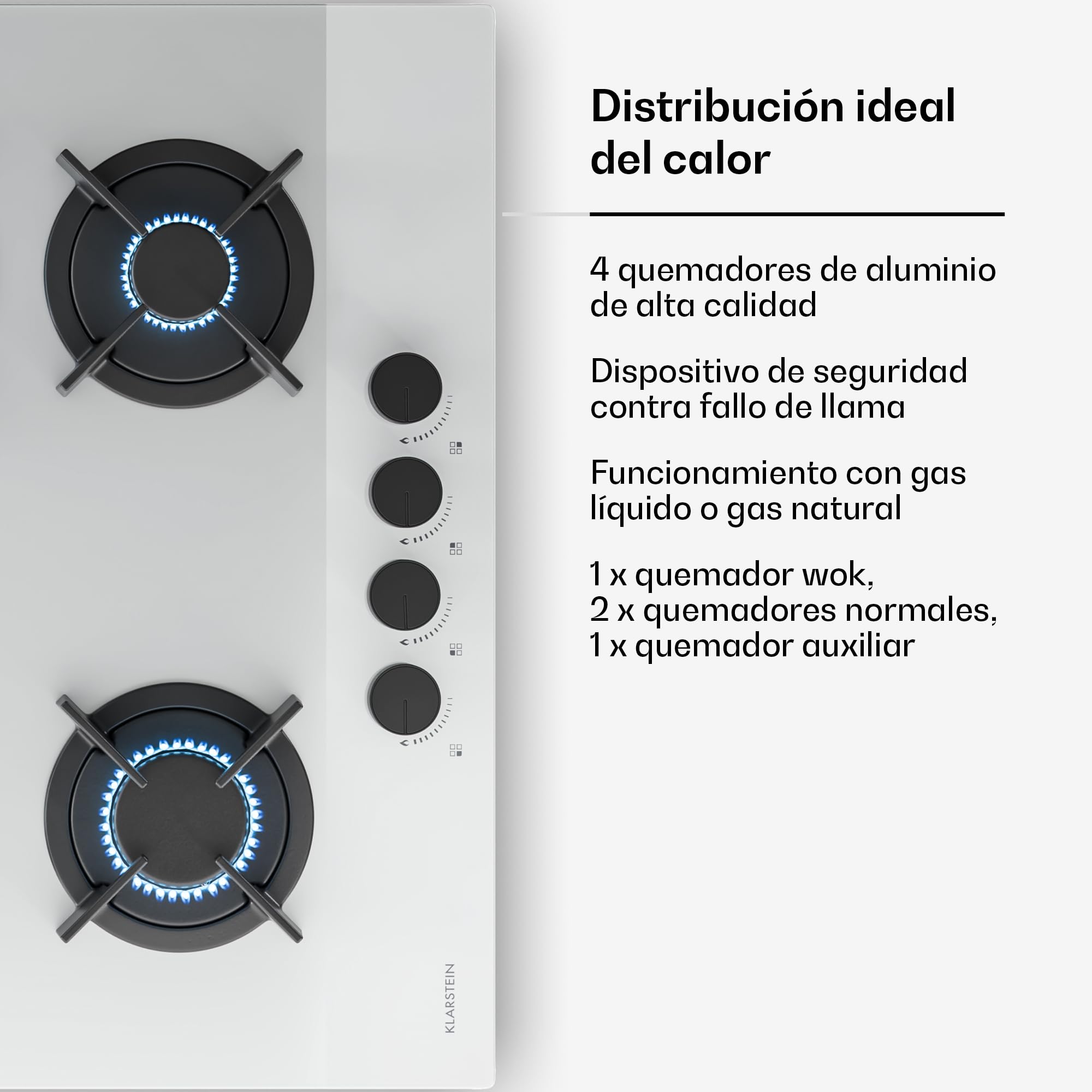 Klarstein Velaire Placa de Gas 60 cm - 4 Quemadores, 8000 W, Vidrio, GLP & Gas Natural, Encendido Eléctrico, Protección Antillama, Kit Conversión, Encimera Cocina Moderna, Blanco