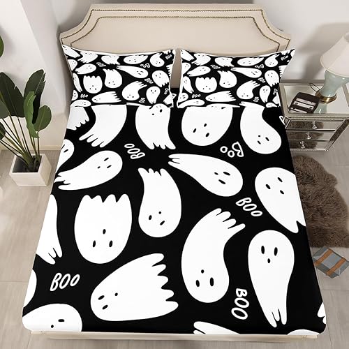 Juego de sábanas de fantasma de Halloween de dibujos animados, decoración del hogar, juego de sábanas de bolsillo profundo, funda de colchón estilo disponible en Yaxa Peru