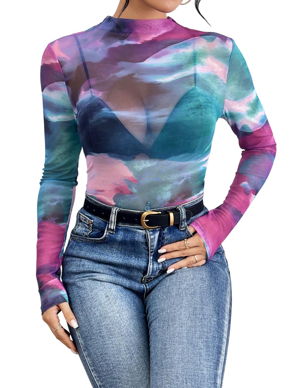 Mesh Crop Top |with Unique Print |Sheer Short Sleeve Aesthetic Tee, Ruffled Hem Vintage Streetwear Summer Top |-image-33