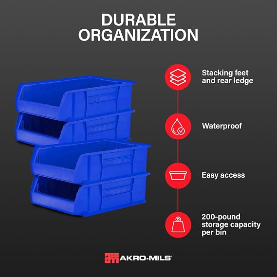 Akro-Mils 30280 Super-Size AkroBins Plastic Storage Bins, Space-Saving Stackable Bins for Garage, Classroom, Warehouse Organization, 20 L x 12 W x 6 H, Blue, 4-Pack