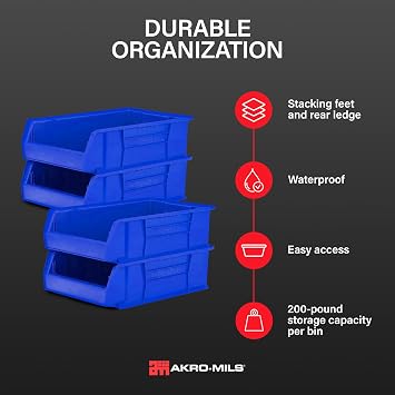Akro-Mils 30280 Super-Size AkroBins Plastic Storage Bins, Space-Saving Stackable Bins for Garage, Classroom, Warehouse Organization, 20 L x 12 W x 6 H, Blue, 4-Pack