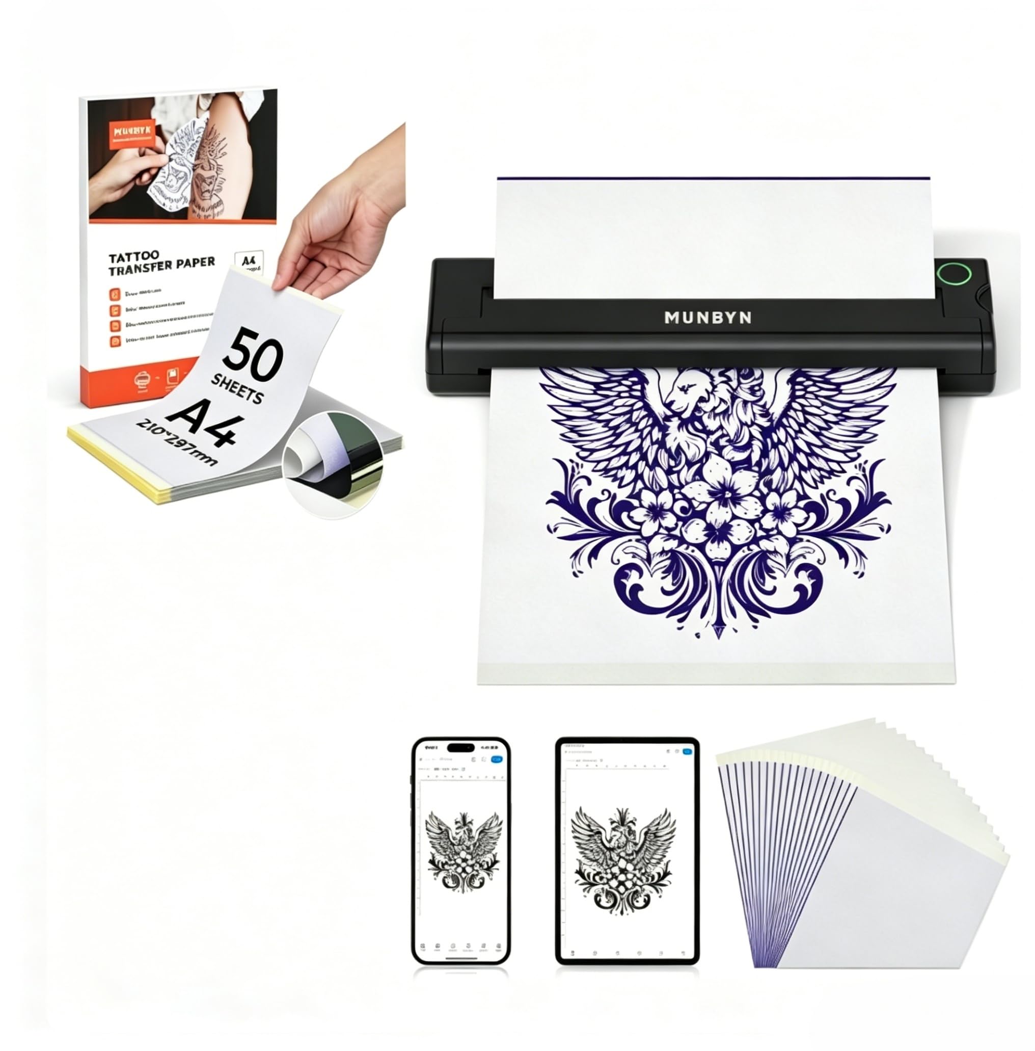 MUNBYN Pack Imprimante À Tatouage Kit D'Imprimante Thermique sans Fil (20 Pochoirs De Transfert Inclus) Et 50 Feuilles De Papier De Transfert Thermique A4