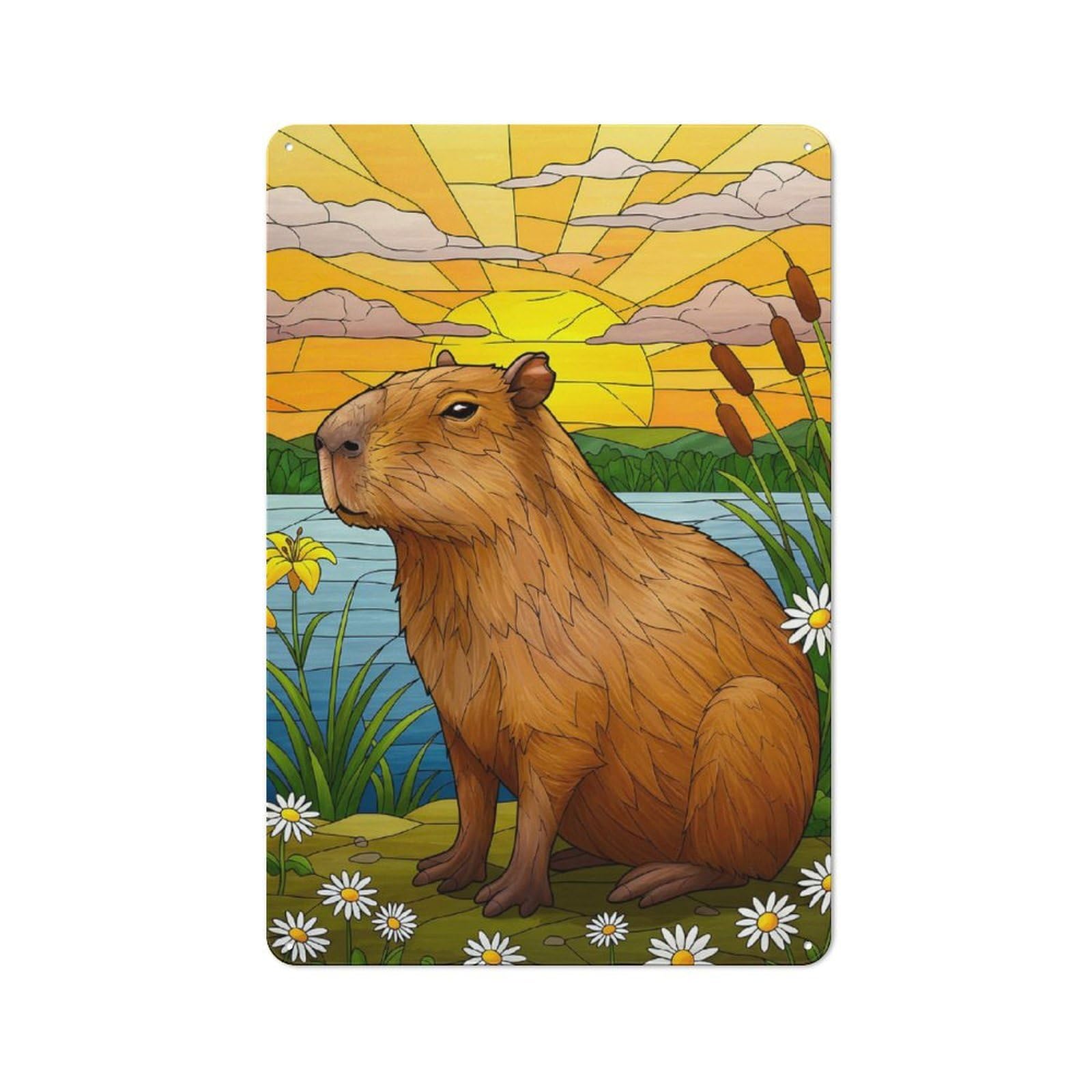 Retro Metal Sign 30x20cm Featuring Capybara by The Lake at Sunset, Home Bar Decor for Pub, Home Bar, Shed Or Man Cave
