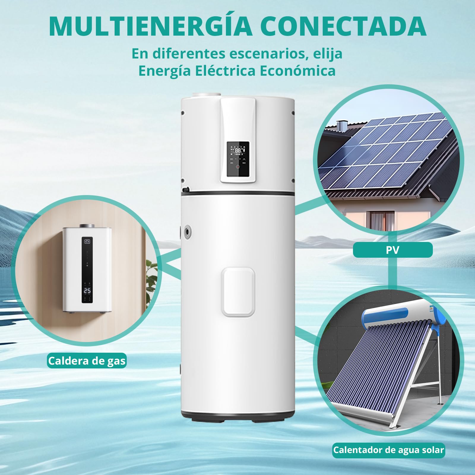 Bomba de calor 250L con intercambiador de calor, compatible con PV y solar, calefacción eléctrica adicional, R290, A+, eficiencia energética, silenciosa, para uso doméstico y comercial