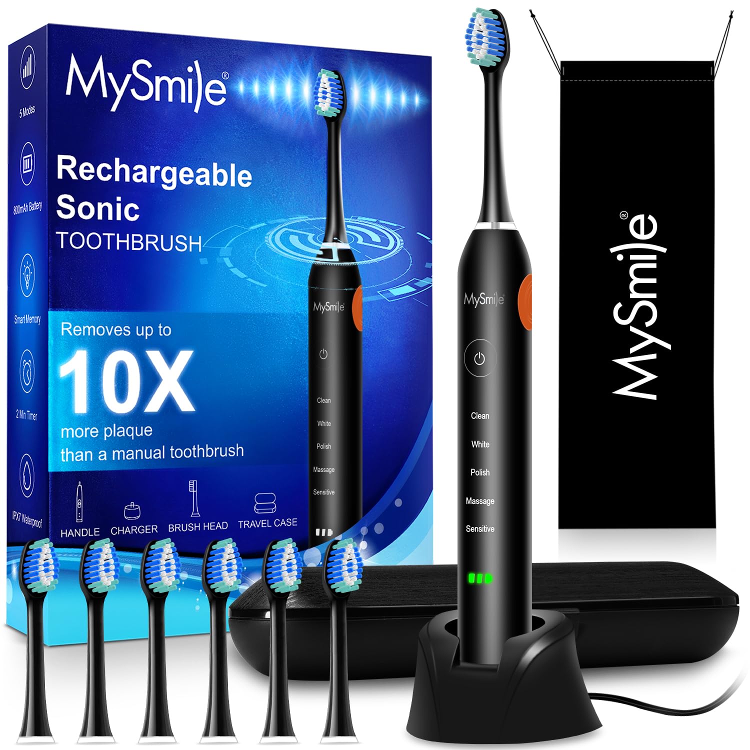 MySmile Electric Toothbrush for Adults, Rechargeable Sonic Electronic Toothbrush with 6 Brush Heads and Travel Case, 2 Mins 5 Modes Smart Timer, 48000VPM (Black)