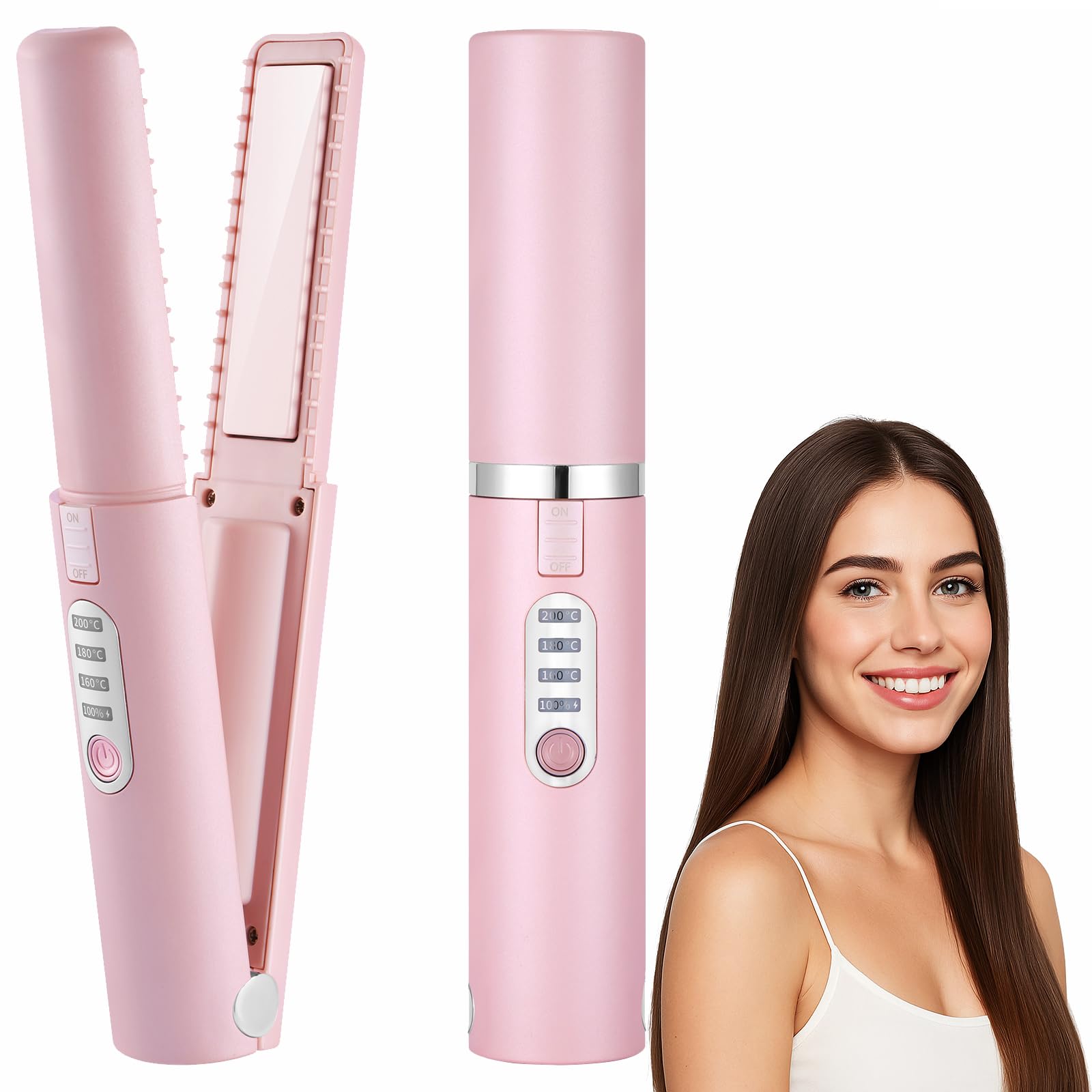Cordless Mini Hair Straightener, USB-C Rechargeable Travel Flat Iron Pink