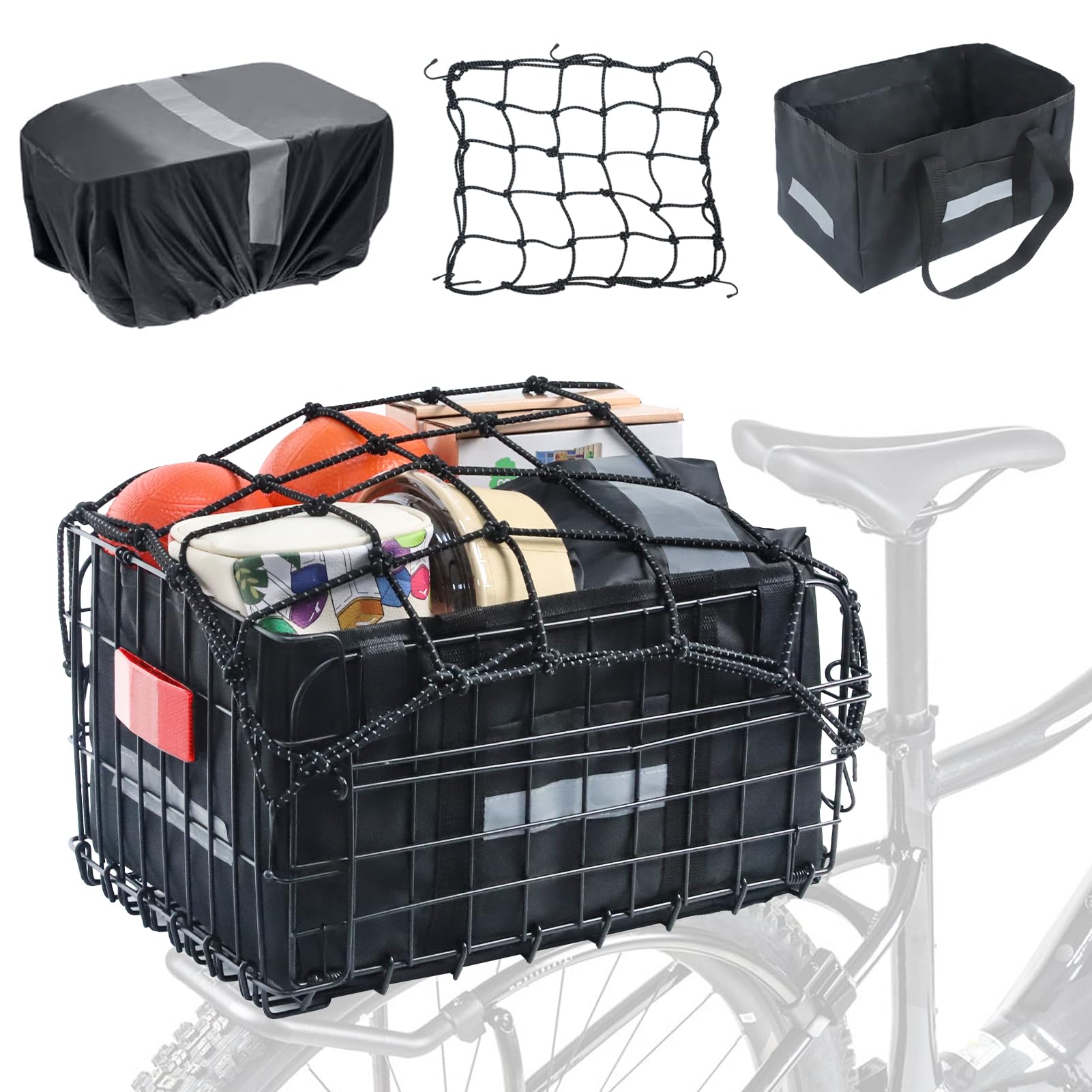 Wdmiya Fahrradkorb Hinten Groß für Gepäckträger, Faltbarer & Abnehmbarer Fahrradkorb mit Netz, Regenhülle & Tragetasche, Fahrrad Gepäckkorb Hinterrad Reflektierend für Einkauf, Hund, Camping & Alltag