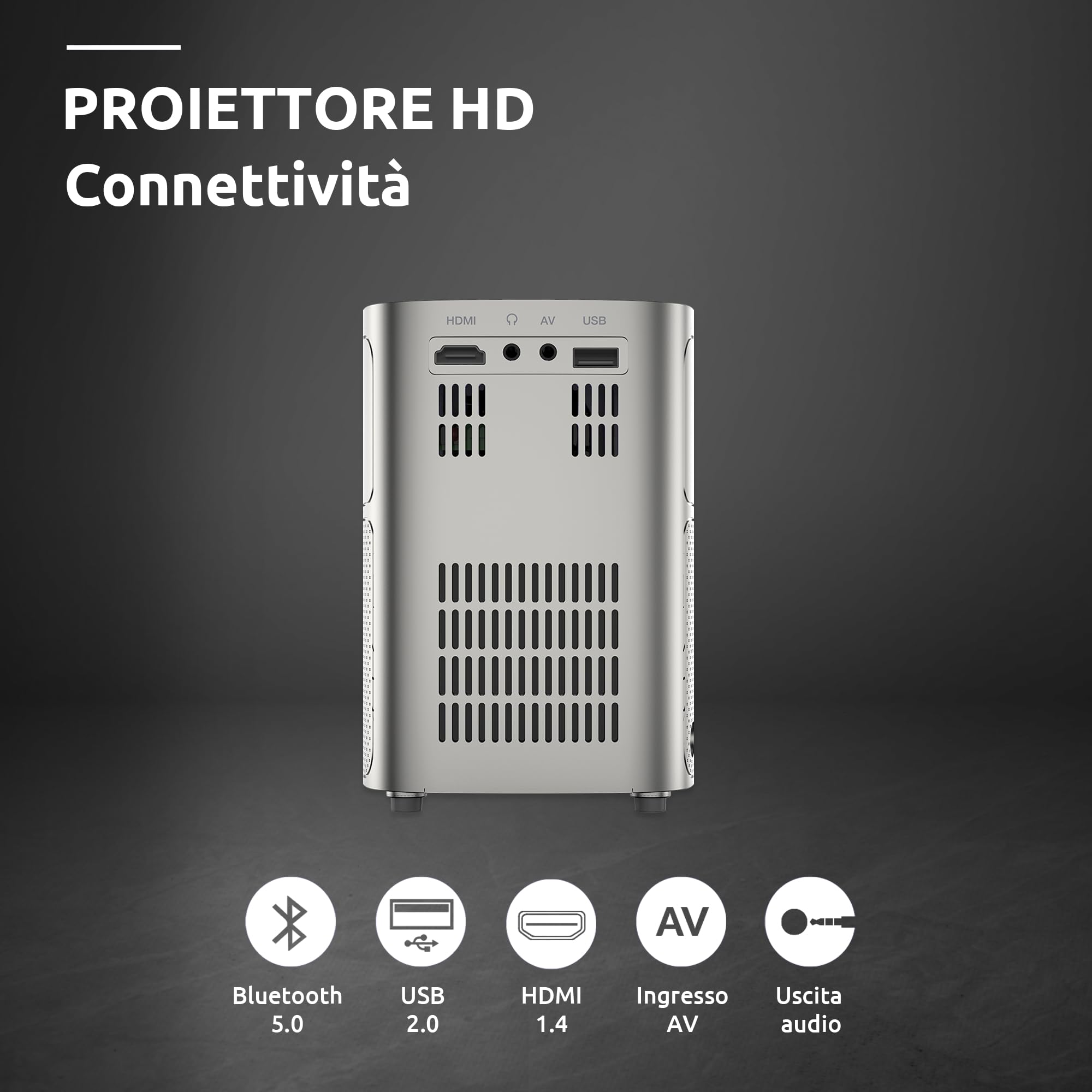 STRONG - Mini proiettore Wifi Bluetooth Q1 - Risoluzione HD 720p compatibile Full HD 1080p - 180 ANSI Lumens - Distanza di proiezione da 0,85 a 2,9 m - Connettività HDMI/USB/AV + Altoparlanti - Grigio