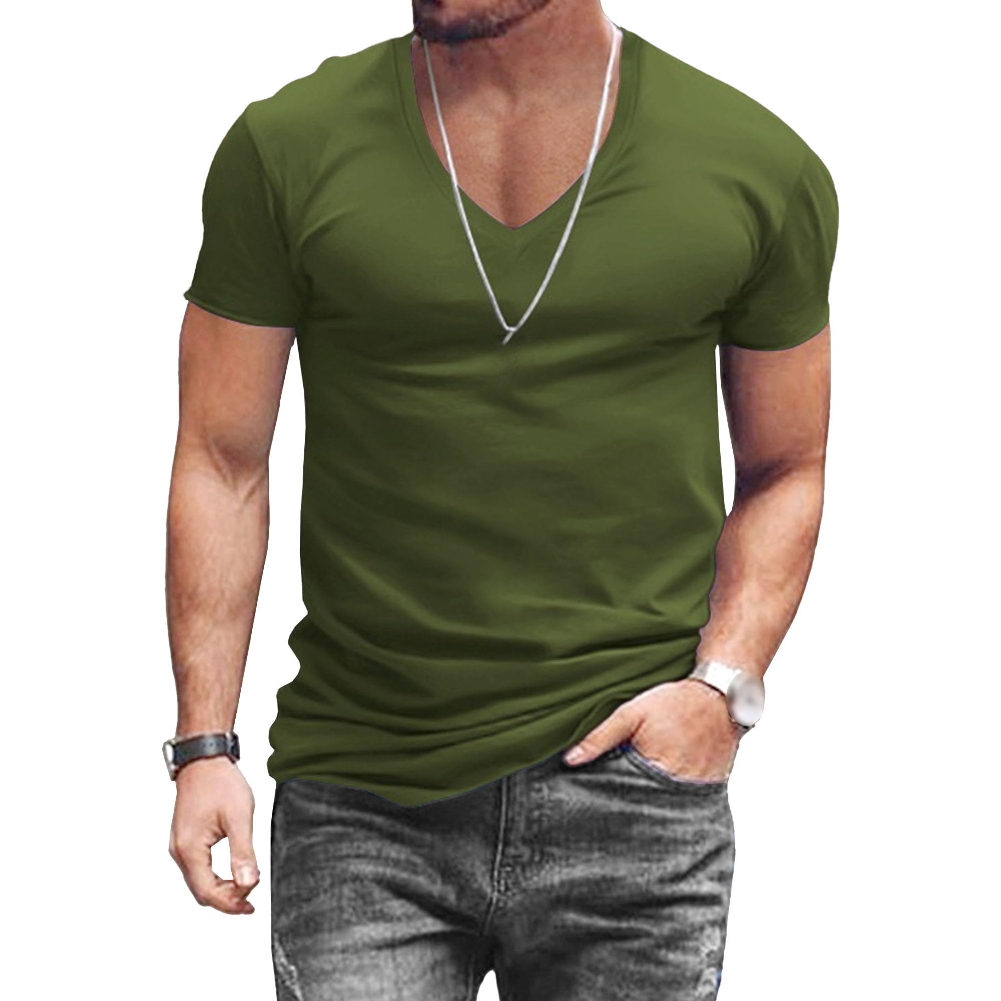 Men V-Neck Solid Slim Casual T-Shirt Classic Short Sleeve Thin Pullover Tops Summer Leisure Sport Exercise Shirts (Navy Green,Small)