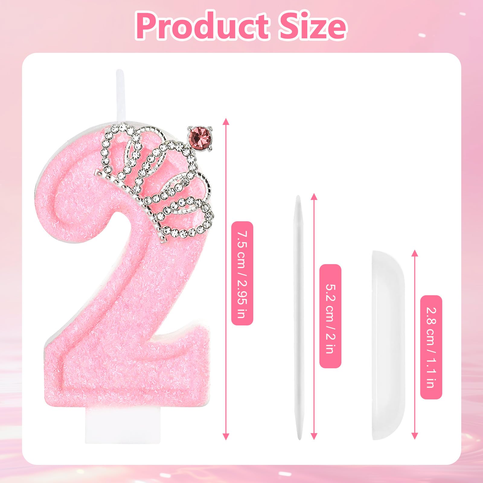 Bougie d'anniversaire rose en forme de chiffre 2 - Décoration de gâteau d'anniversaire rose - Décoration de gâteau d'anniversaire pour filles et femmes