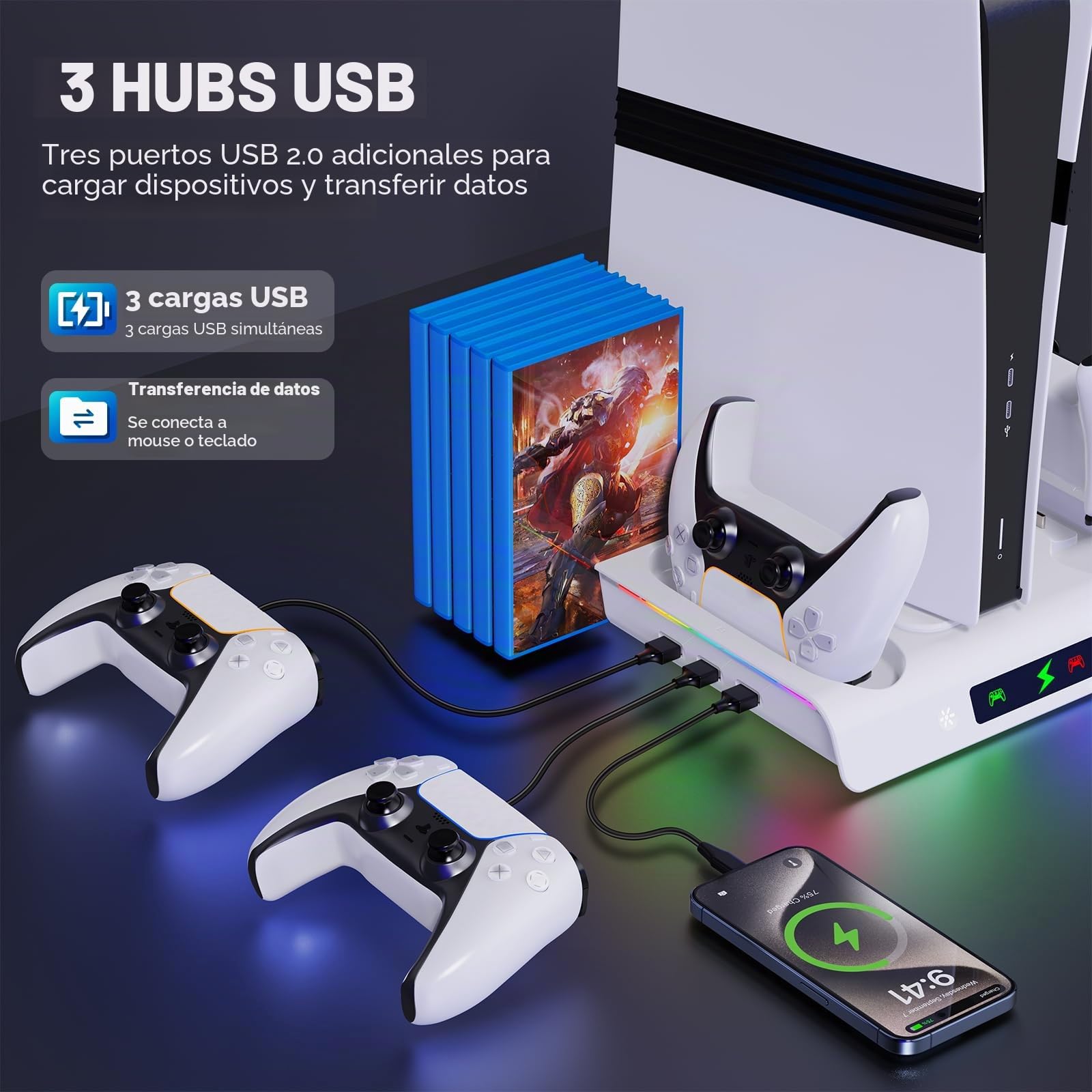 Labtec Soporte para PS5 / PS5 Slim / PS5 Pro con ventilador de enfriamiento y iluminación RGB, base de carga de controlador dual para consola PS5/Slim/Pro con 5 ranuras para juegos y 3 puertos USB