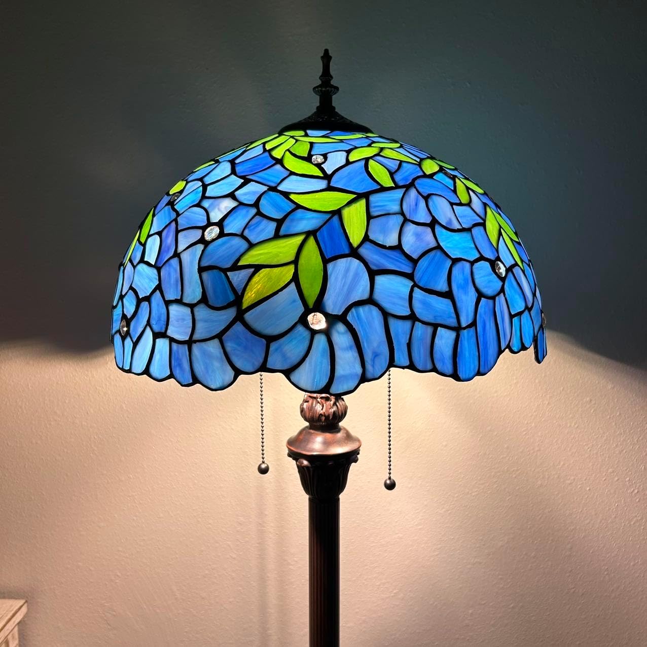 Blue Stained Glass Floor Lamp Green Leaves Metal Base LED Bulbs Included for Living Room Bedroom 16" W*16" D*64" H