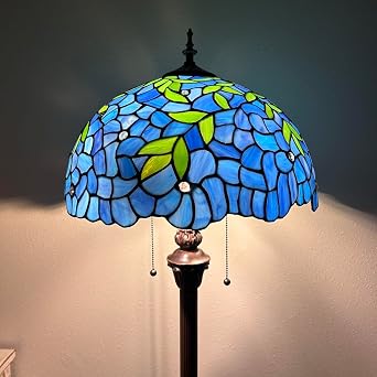 Blue Stained Glass Floor Lamp Green Leaves Metal Base LED Bulbs Included for Living Room Bedroom 16" W*16" D*64" H