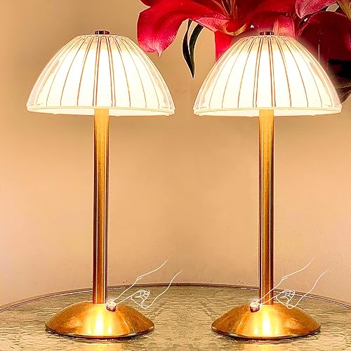 Juego de 2 lámparas de mesa LED de hongos portátiles con sensor táctil brillo ajustable regulable de 3 colores lámpara inalámbrica dorada recargable